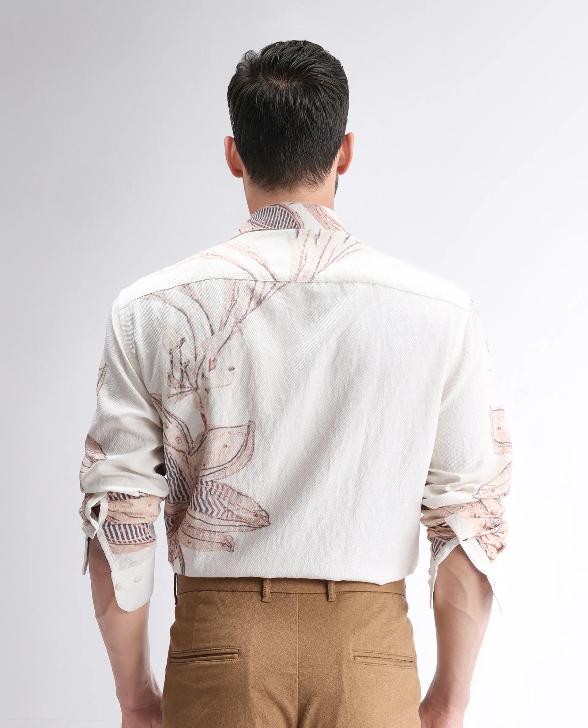 Rare Rabbit Men's Taks White Viscose Blend Floral Print Regular Fit Full Sleeve Collared Shirt