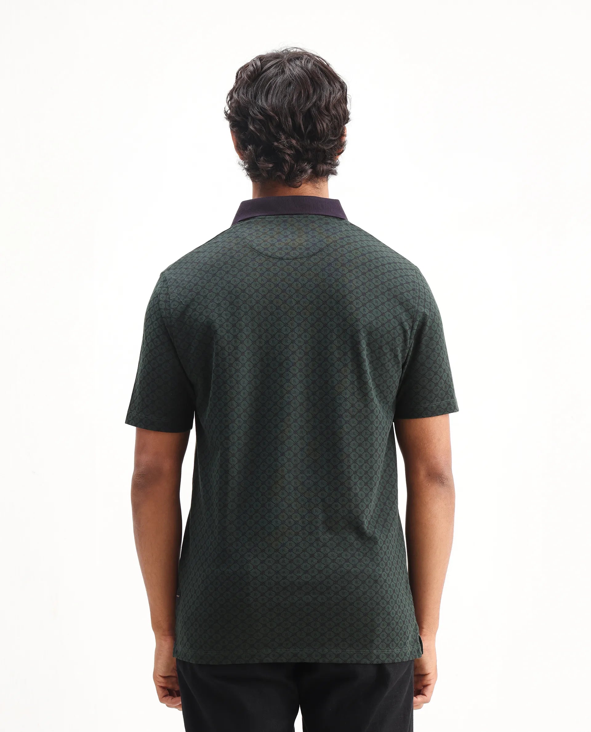 Rare Rabbit Men's Talbot Dark Green Cotton Monogram Print Regular Fit Half Sleeve Polo