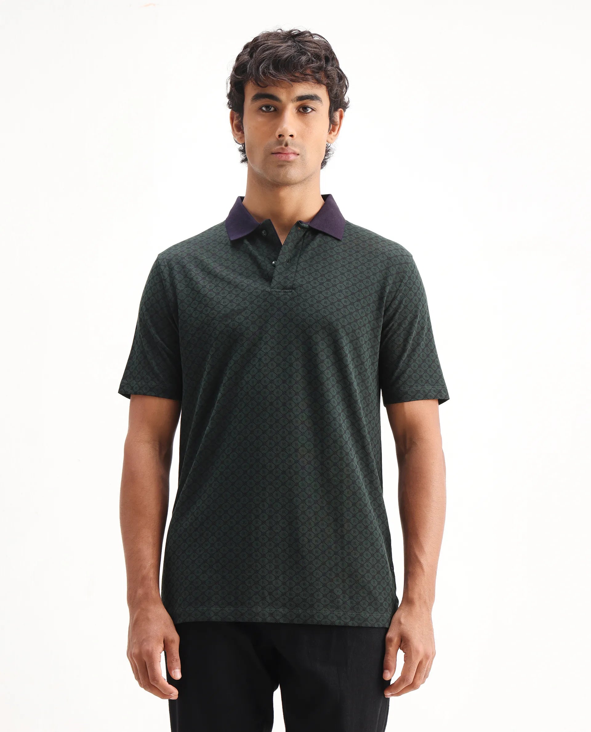 Rare Rabbit Men's Talbot Dark Green Cotton Monogram Print Regular Fit Half Sleeve Polo