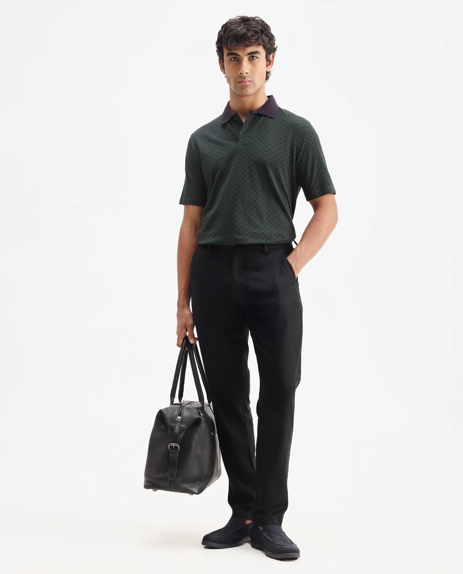 Rare Rabbit Men's Talbot Dark Green Cotton Monogram Print Regular Fit Half Sleeve Polo