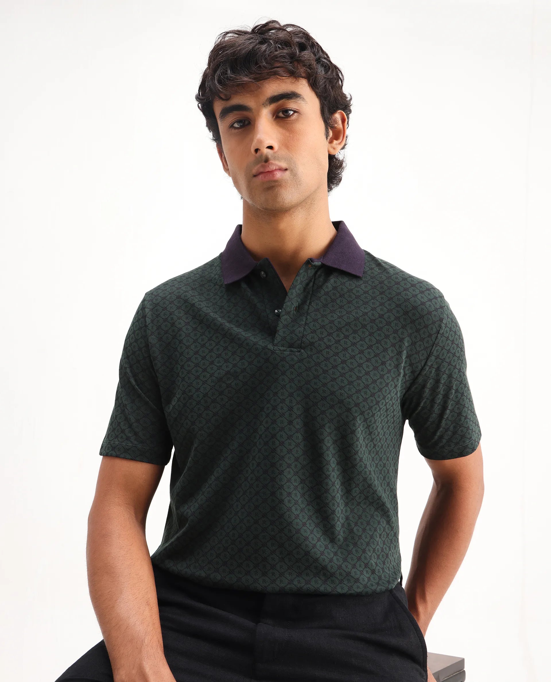 Rare Rabbit Men's Talbot Dark Green Cotton Monogram Print Regular Fit Half Sleeve Polo