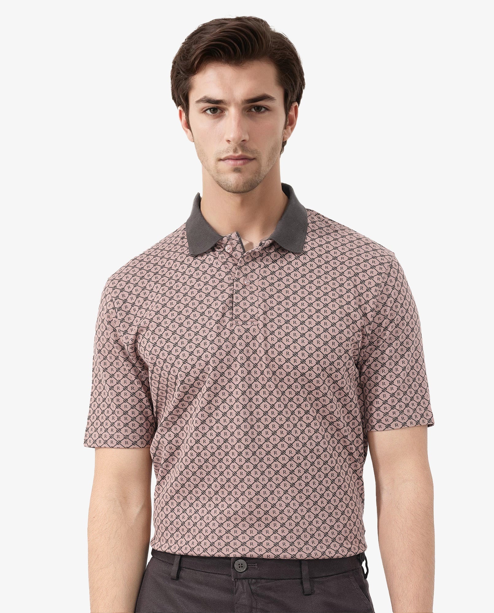 Rare Rabbit Mens Talbot Dusky Peach Short Sleeve Monogram Print Polo T-Shirt