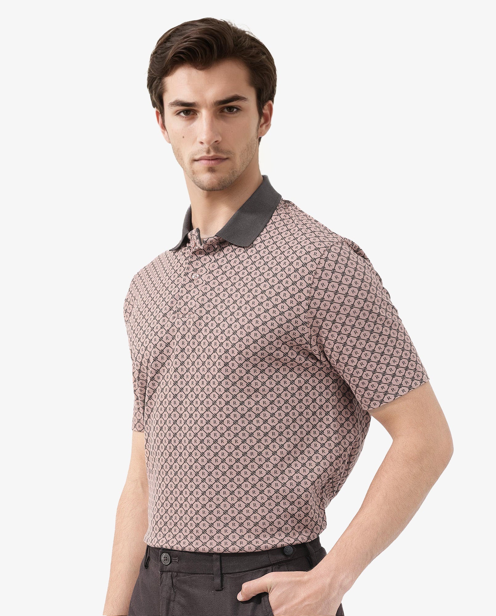 Rare Rabbit Mens Talbot Dusky Peach Short Sleeve Monogram Print Polo T-Shirt