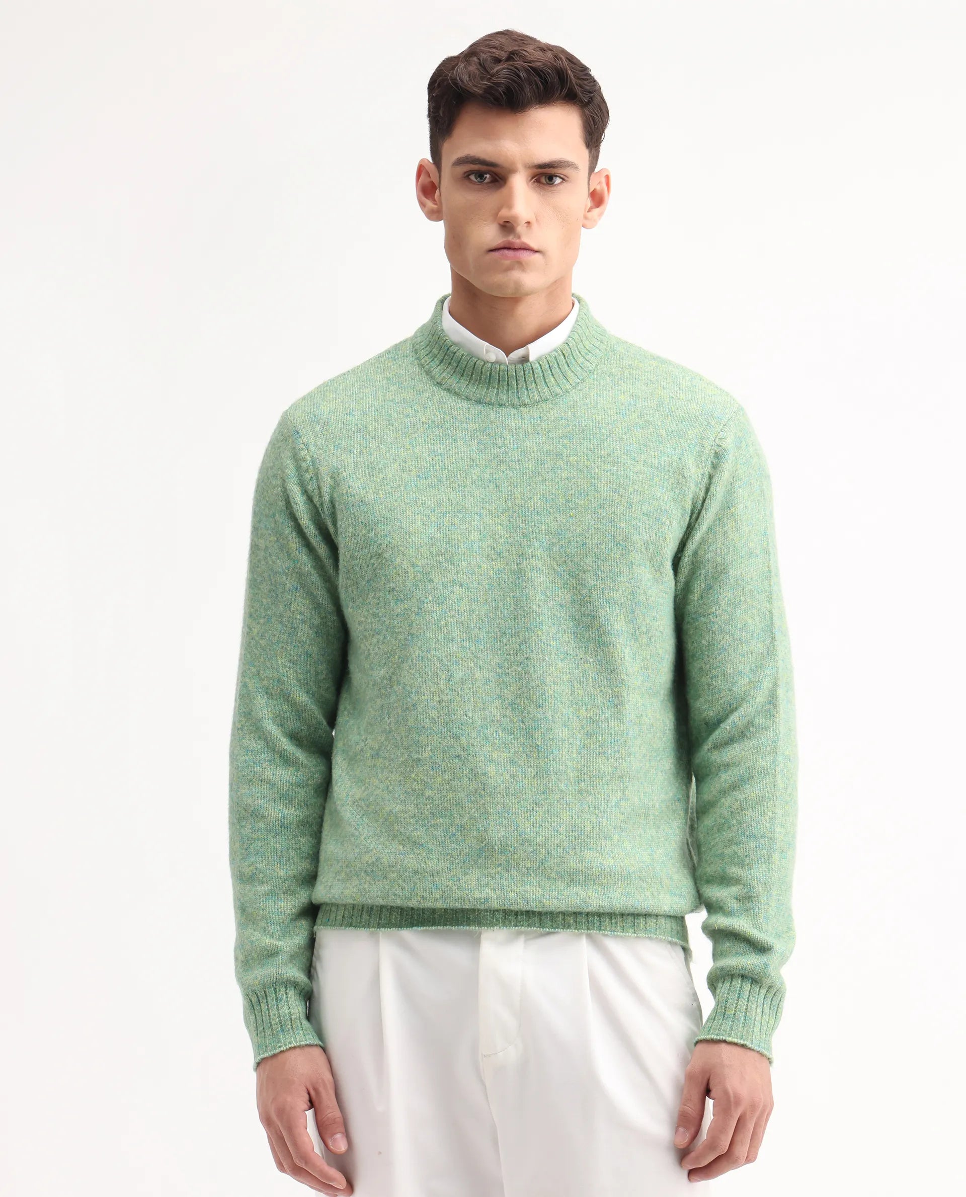Rare Rabbit Men's Tali Dusky Green Cotton Plain Regular Fit Full Sleeve Crew Neck Sweater