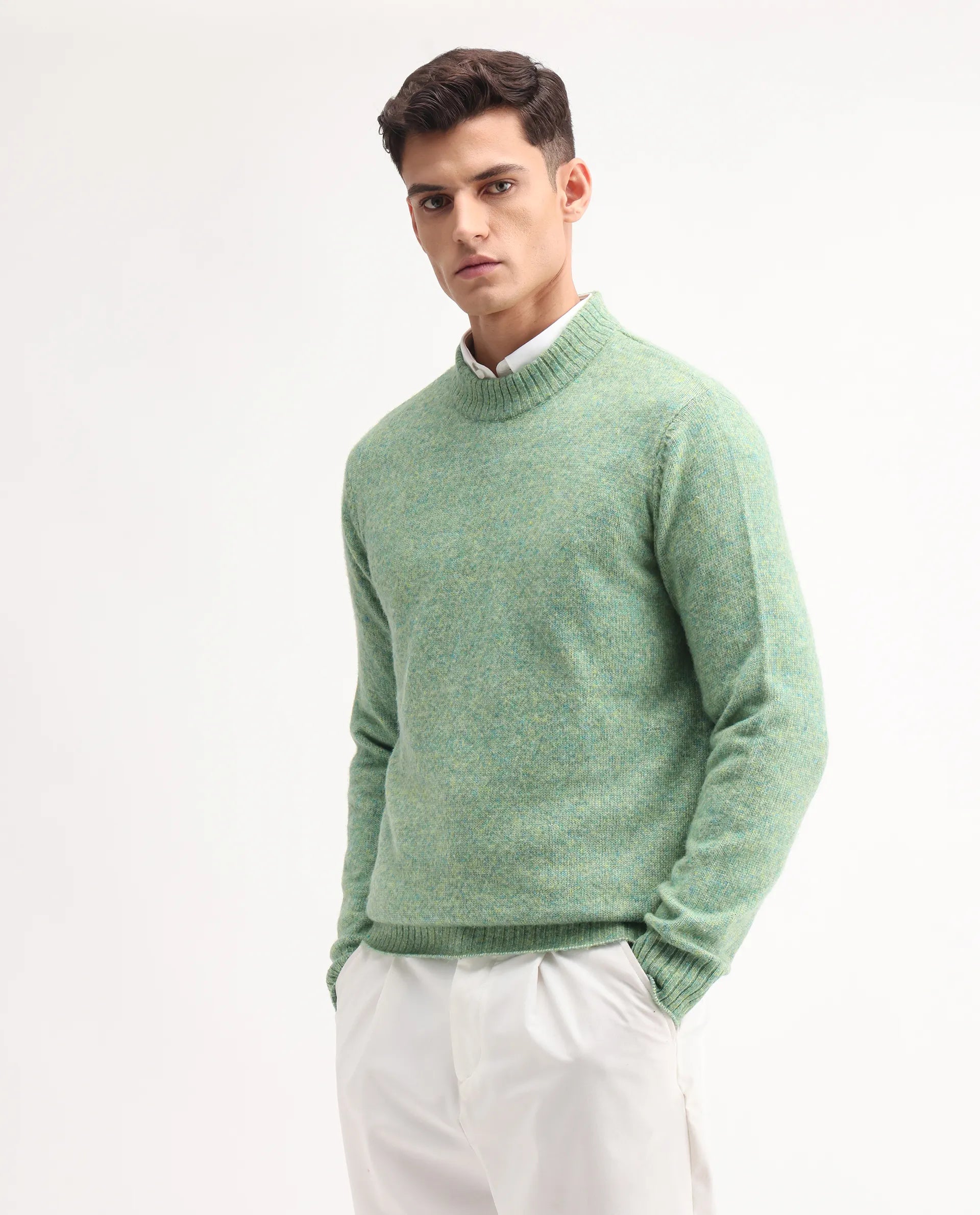 Rare Rabbit Men's Tali Dusky Green Cotton Plain Regular Fit Full Sleeve Crew Neck Sweater