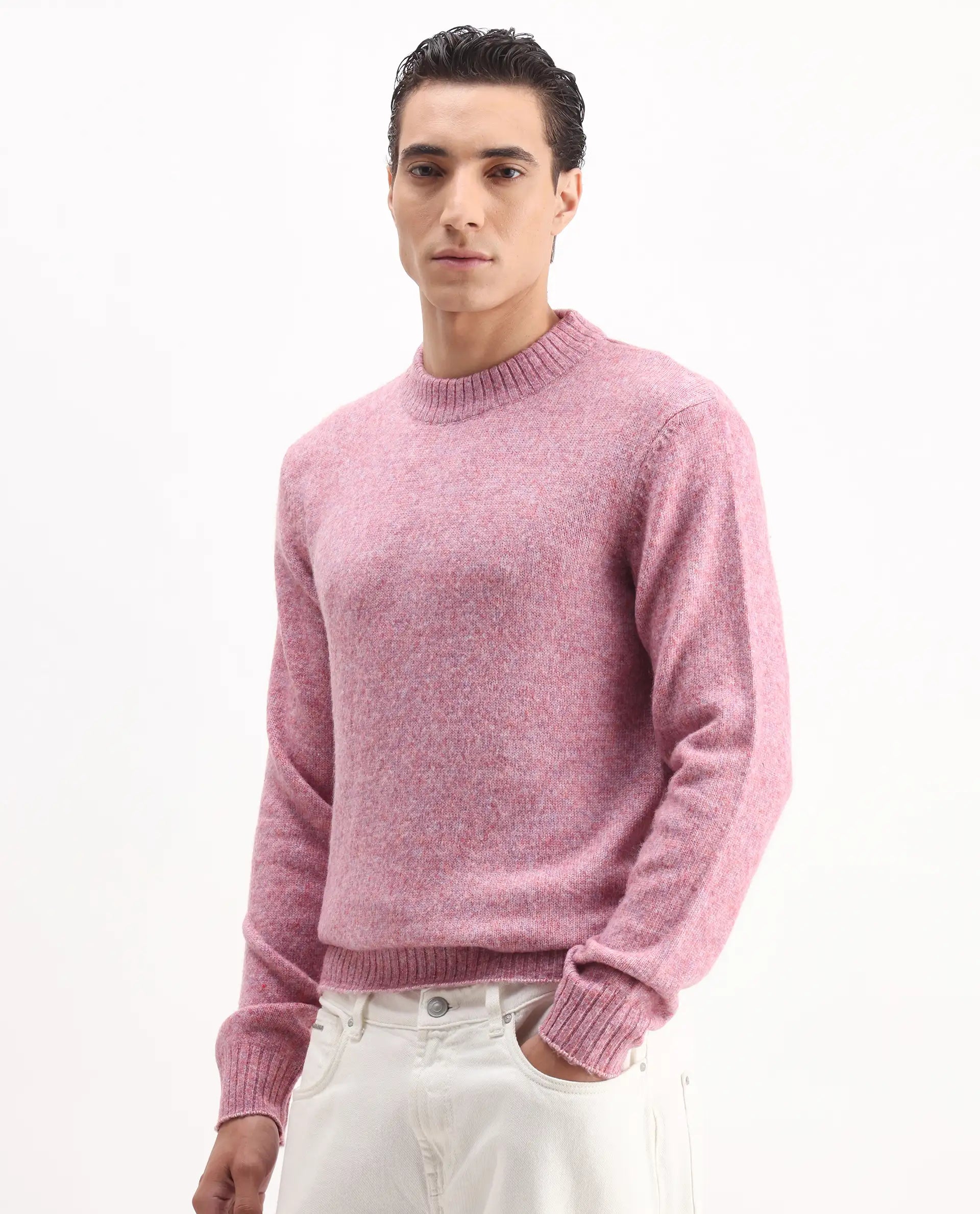 Rare Rabbit Men's Tali Light Pink Cotton Plain Regular Fit Full Sleeve Crew Neck Sweater