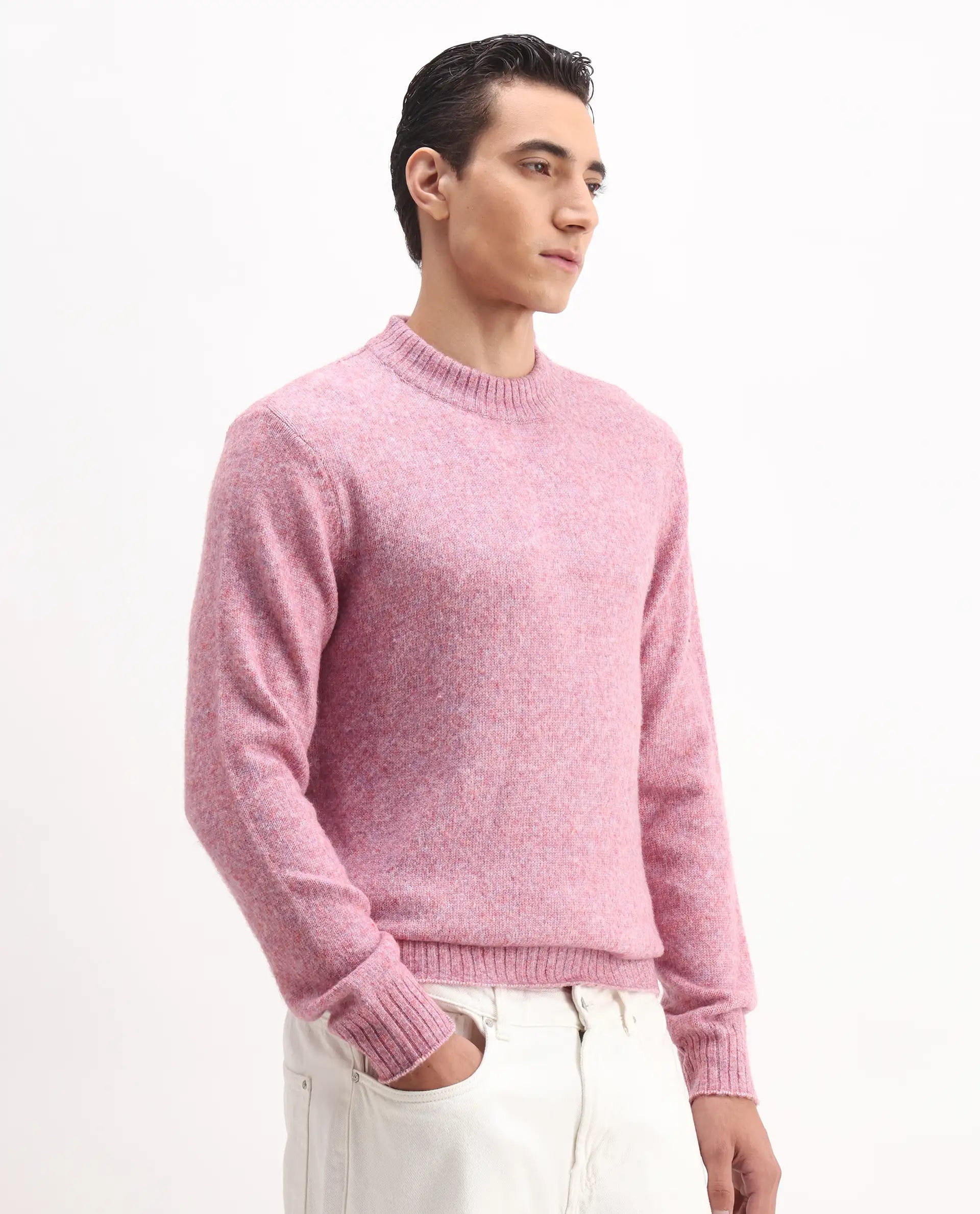 Rare Rabbit Men's Tali Light Pink Cotton Plain Regular Fit Full Sleeve Crew Neck Sweater