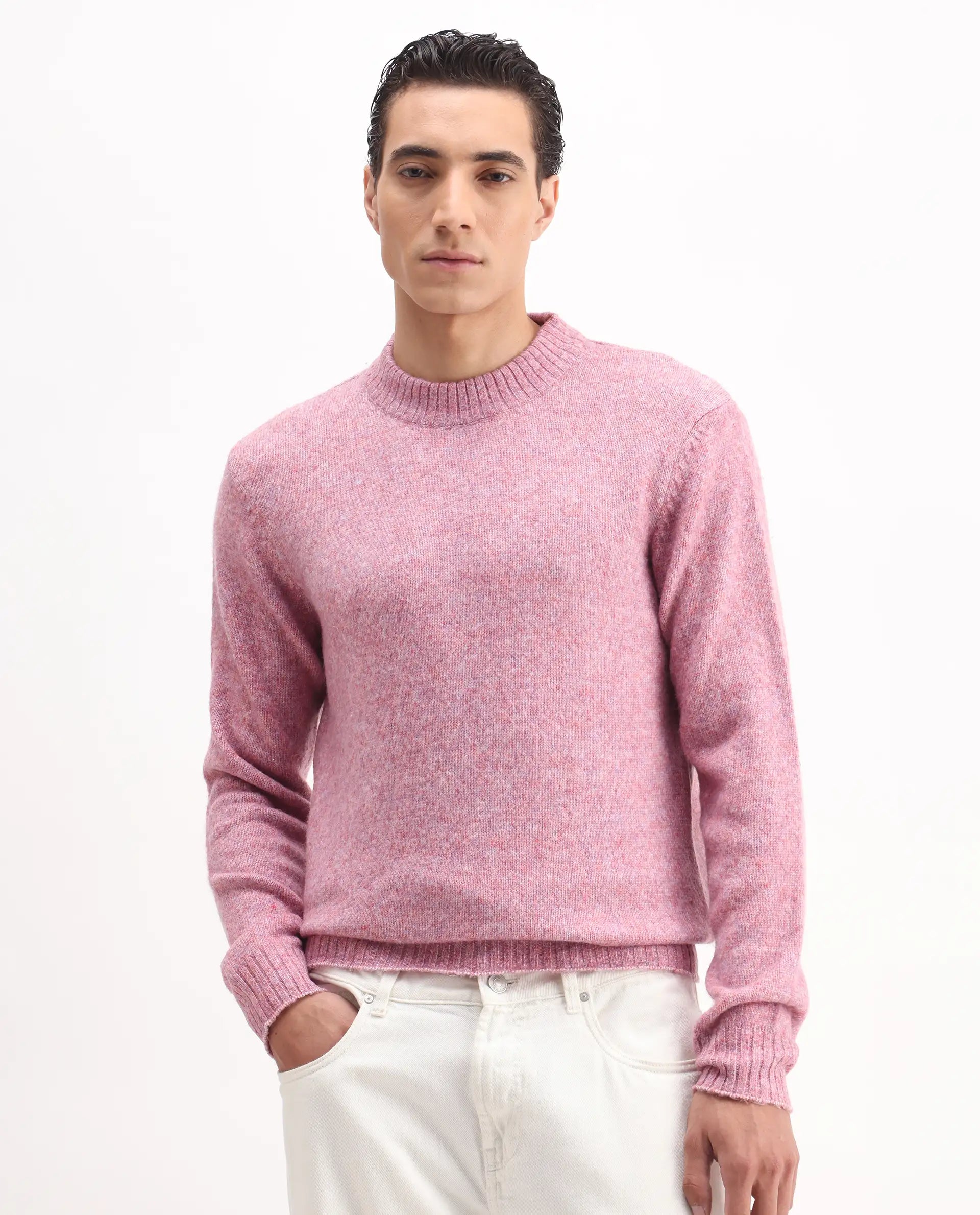 Rare Rabbit Men's Tali Light Pink Cotton Plain Regular Fit Full Sleeve Crew Neck Sweater