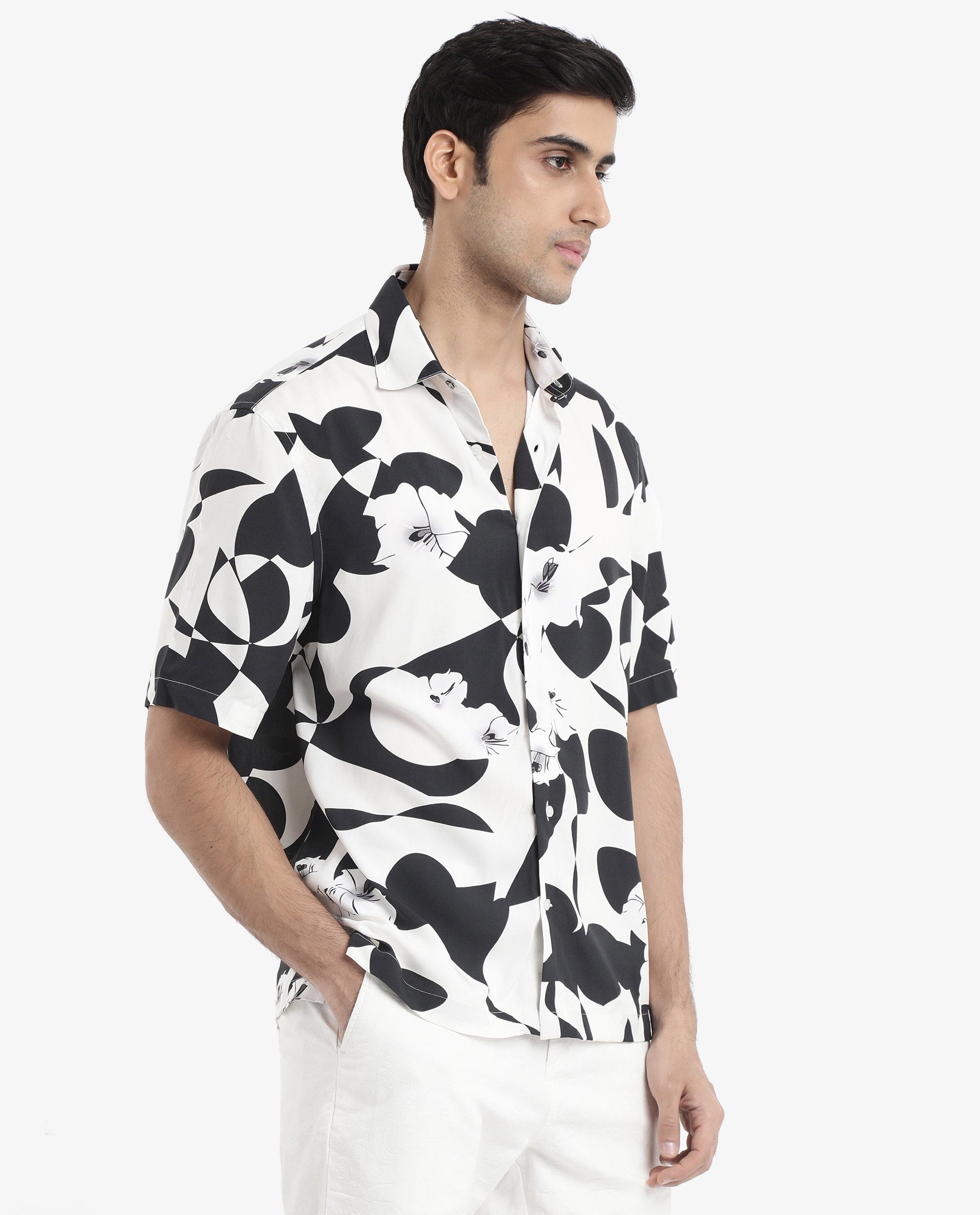 Rare Rabbit Men's Talitha White Viscose Fabric Short Sleeve Regular Collar Boxy Fit Abstract Print Shirt