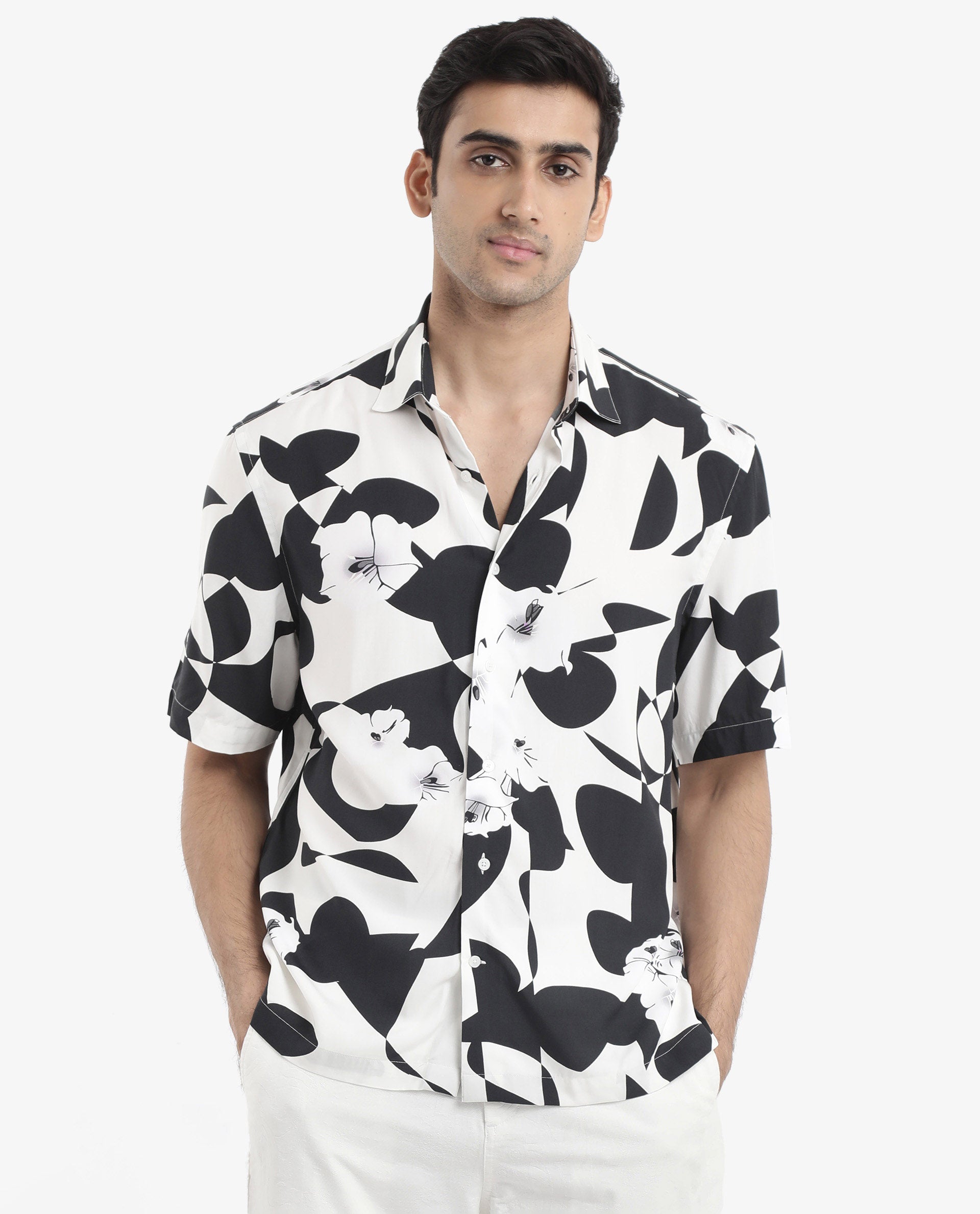 Rare Rabbit Men's Talitha White Viscose Fabric Short Sleeve Regular Collar Boxy Fit Abstract Print Shirt