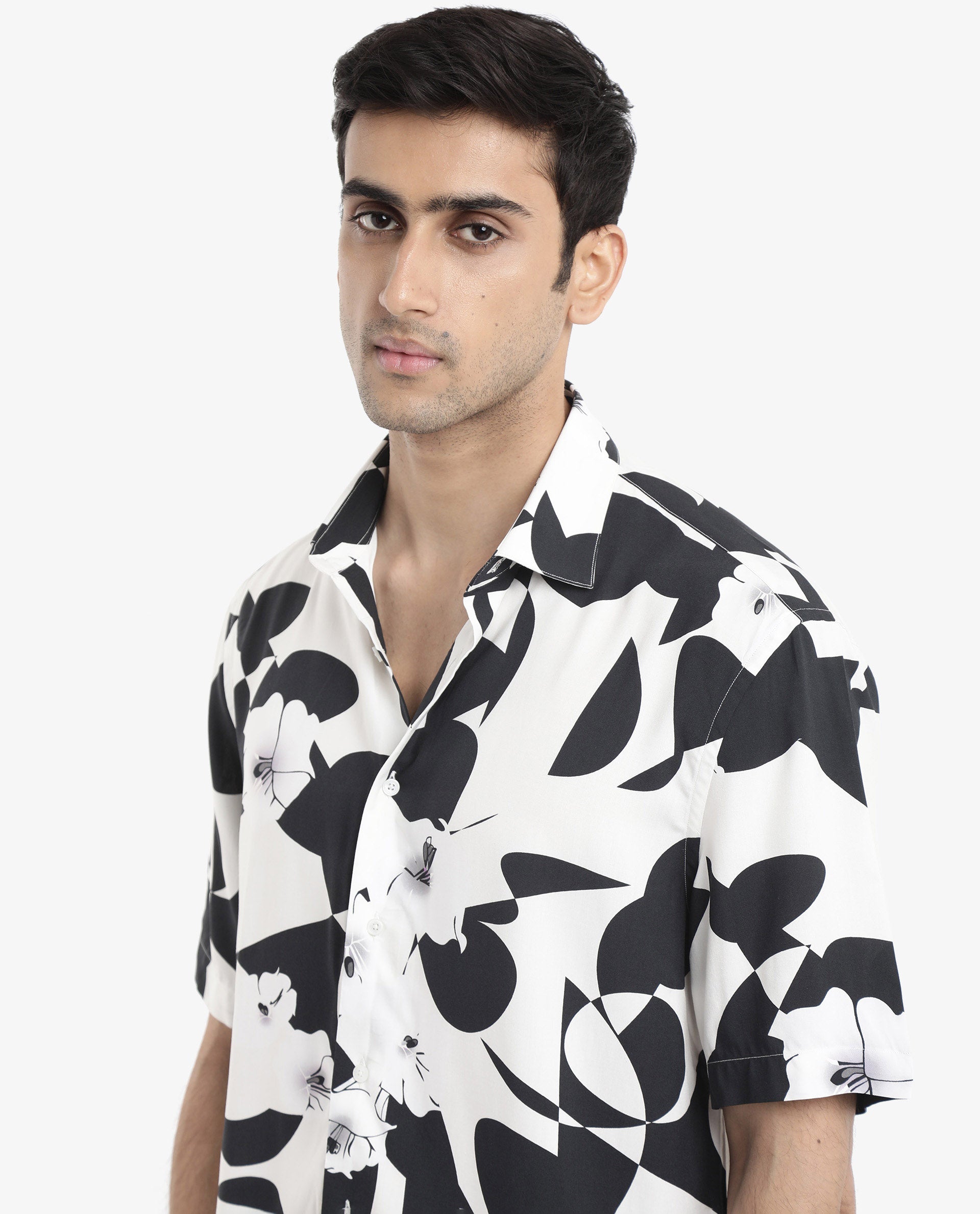 Rare Rabbit Men's Talitha White Viscose Fabric Short Sleeve Regular Collar Boxy Fit Abstract Print Shirt