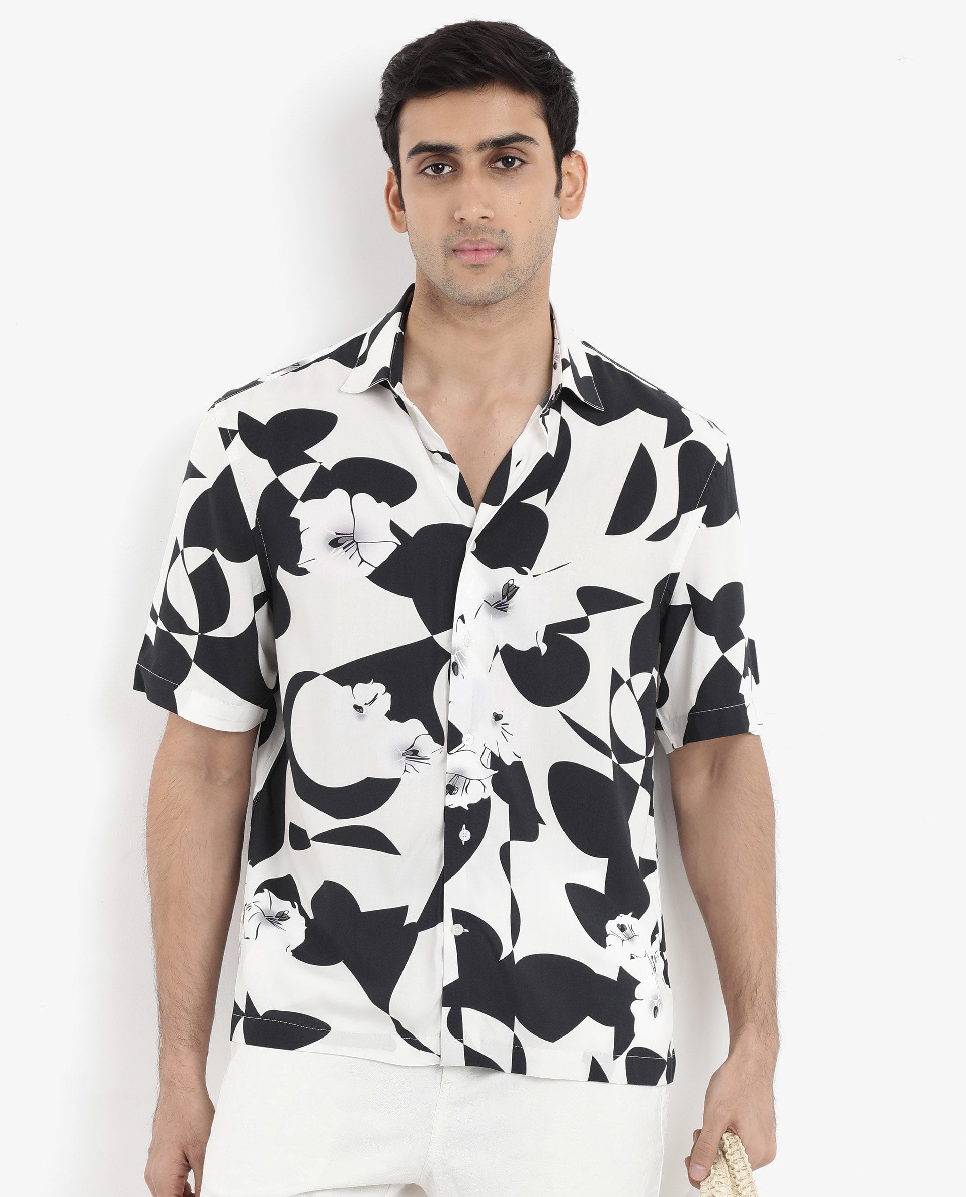 Rare Rabbit Men's Talitha White Viscose Fabric Short Sleeve Regular Collar Boxy Fit Abstract Print Shirt