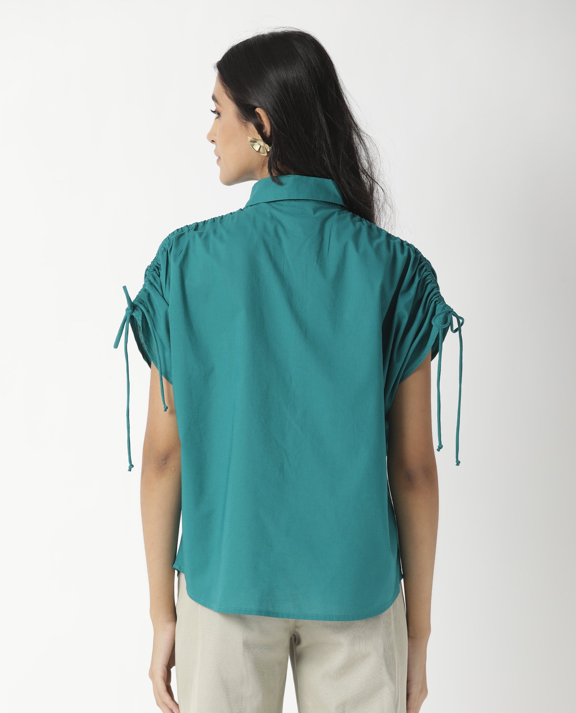 Rareism Women Tamara Dark Petrol Cotton Fabric Regular Fit Shirt Collar Half Sleeves Solid Top