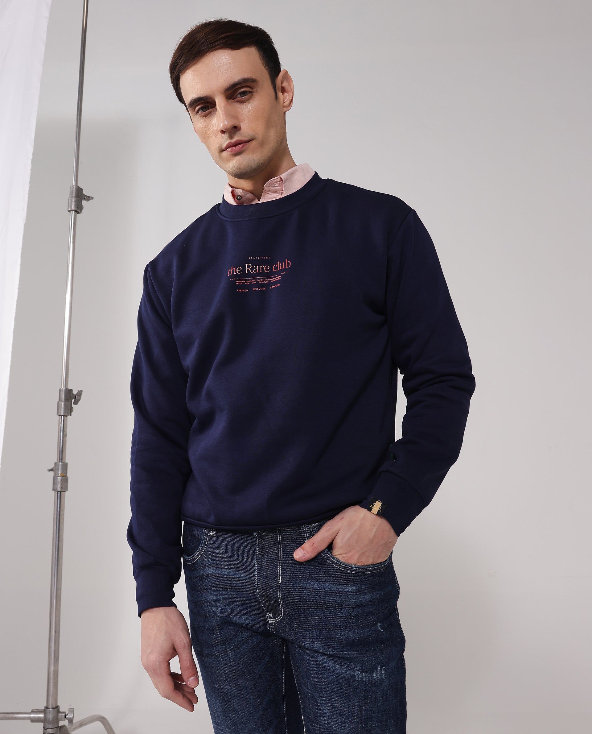 Rare Rabbit Men Tamar Navy Cotton Polyester Fabric Full Sleeve Crew Neck Regular Fit Graphic Typography Print Sweatshirt