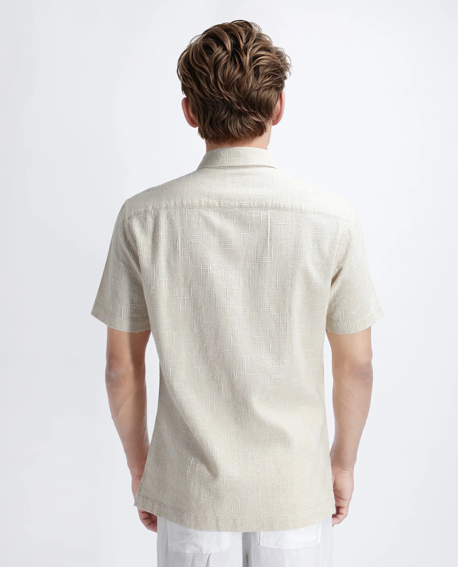 Rare Rabbit Men's Tana Beige Cotton Textured Regular Fit Half Sleeve Collared Shirt