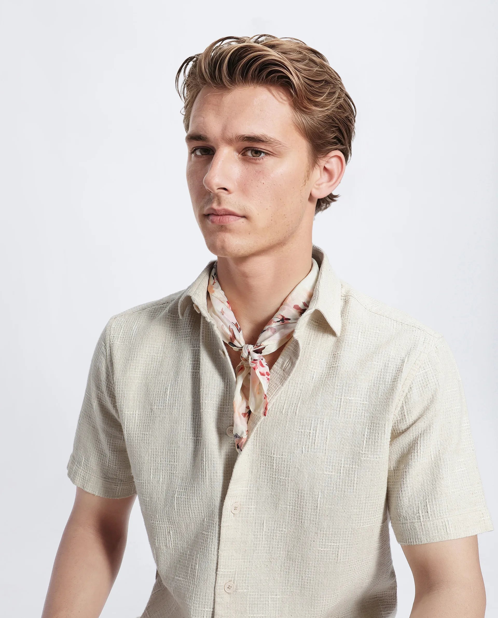 Rare Rabbit Men's Tana Beige Cotton Textured Regular Fit Half Sleeve Collared Shirt