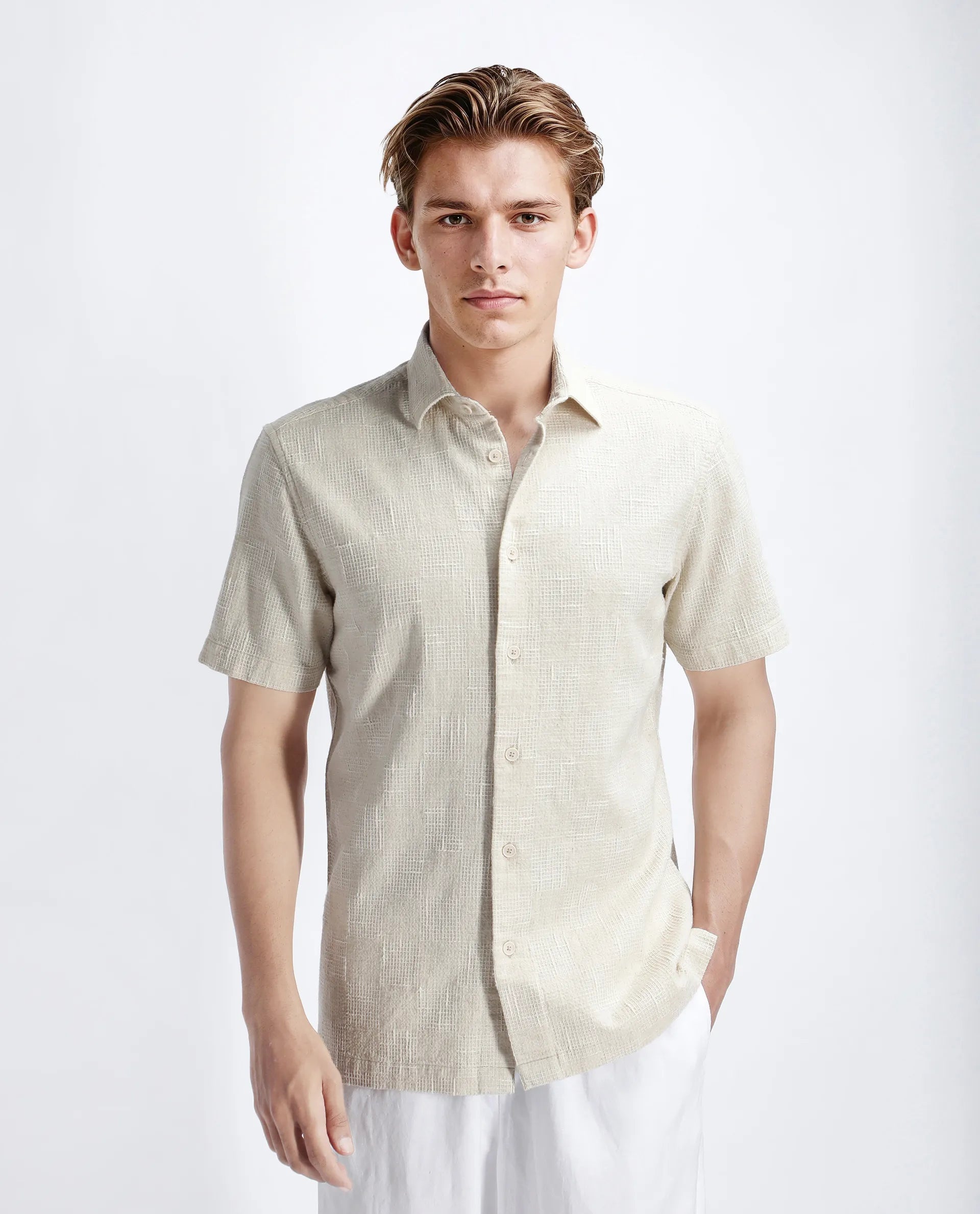 Rare Rabbit Men's Tana Beige Cotton Textured Regular Fit Half Sleeve Collared Shirt