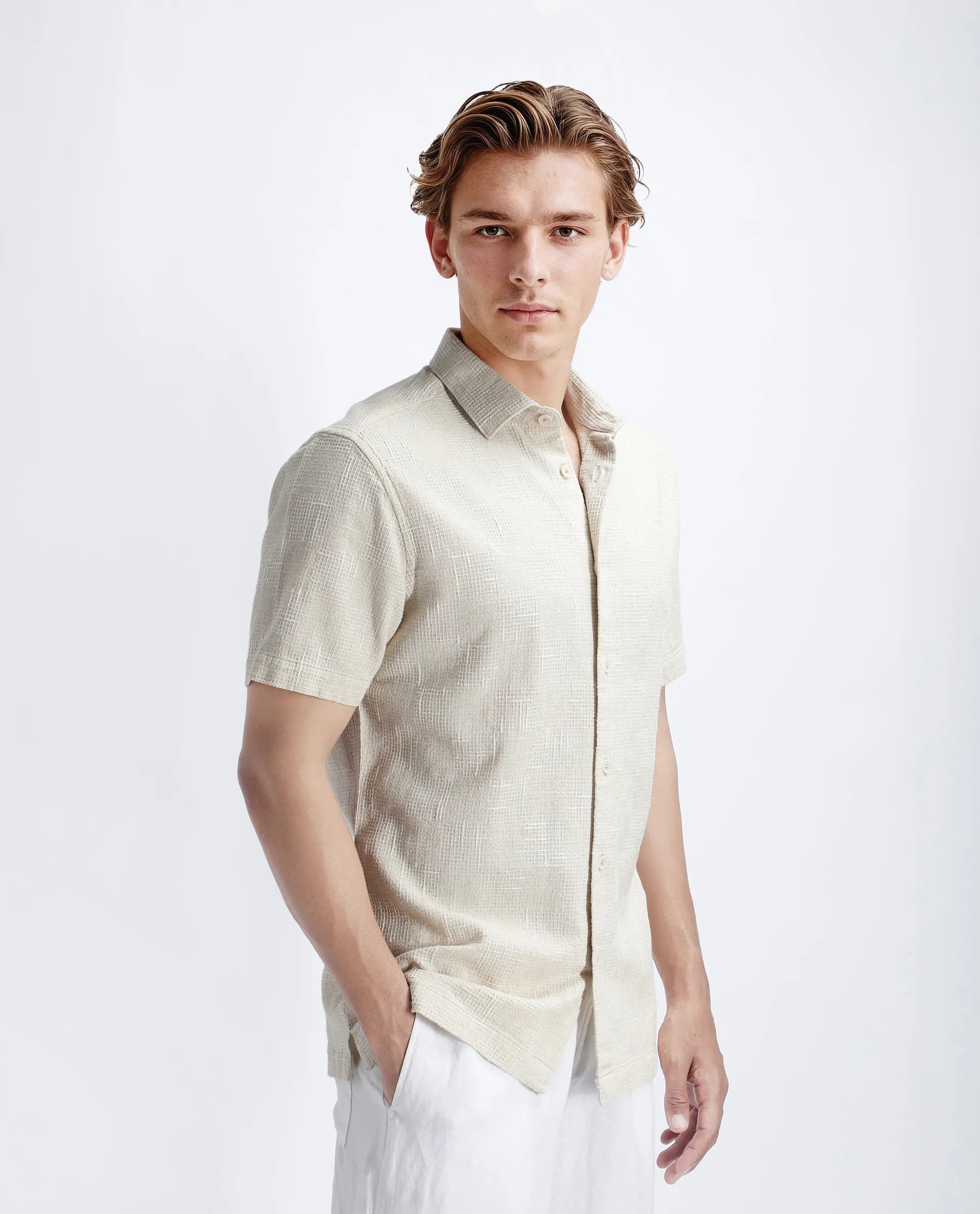 Rare Rabbit Men's Tana Beige Cotton Textured Regular Fit Half Sleeve Collared Shirt