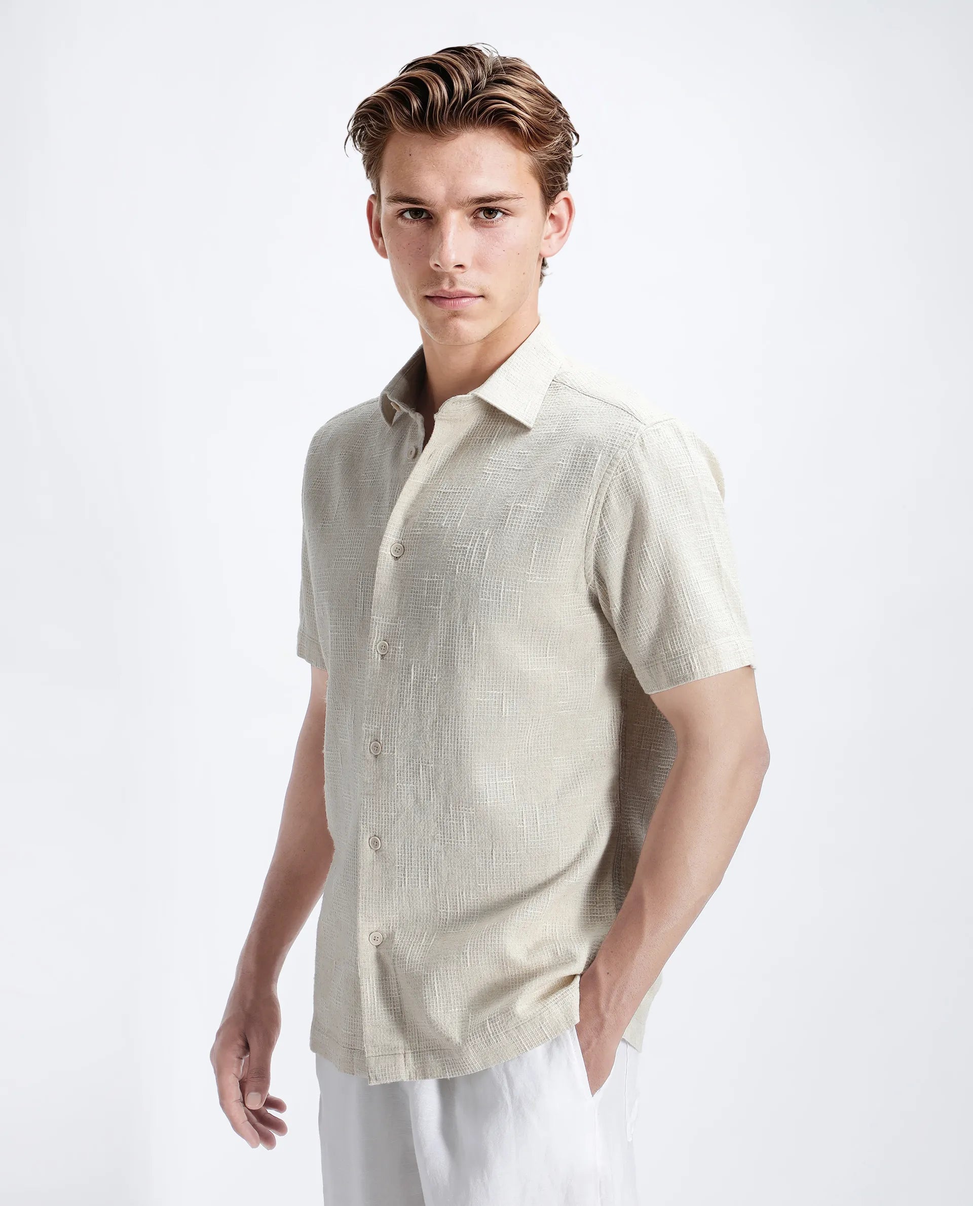 Rare Rabbit Men's Tana Beige Cotton Textured Regular Fit Half Sleeve Collared Shirt