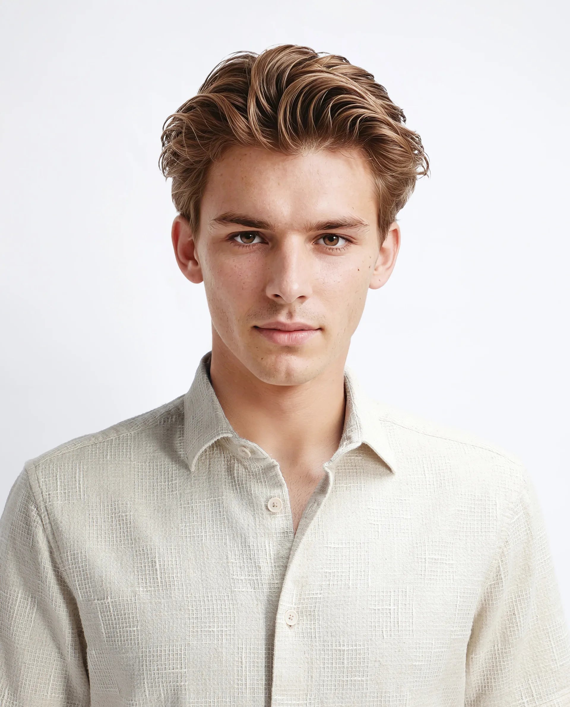 Rare Rabbit Men's Tana Beige Cotton Textured Regular Fit Half Sleeve Collared Shirt