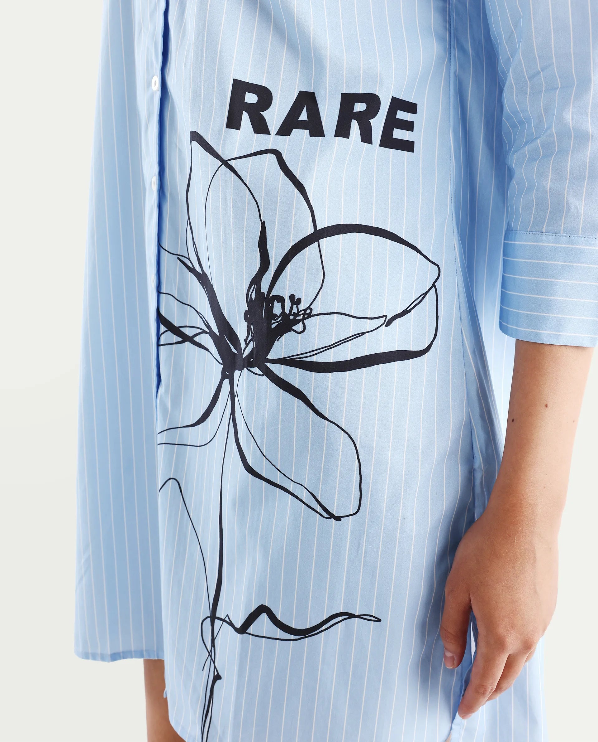 Rareism Women's Tanashi Blue Cotton Spread Collar Floral Print Cuffed Sleeve Mini Relaxed Fit Top