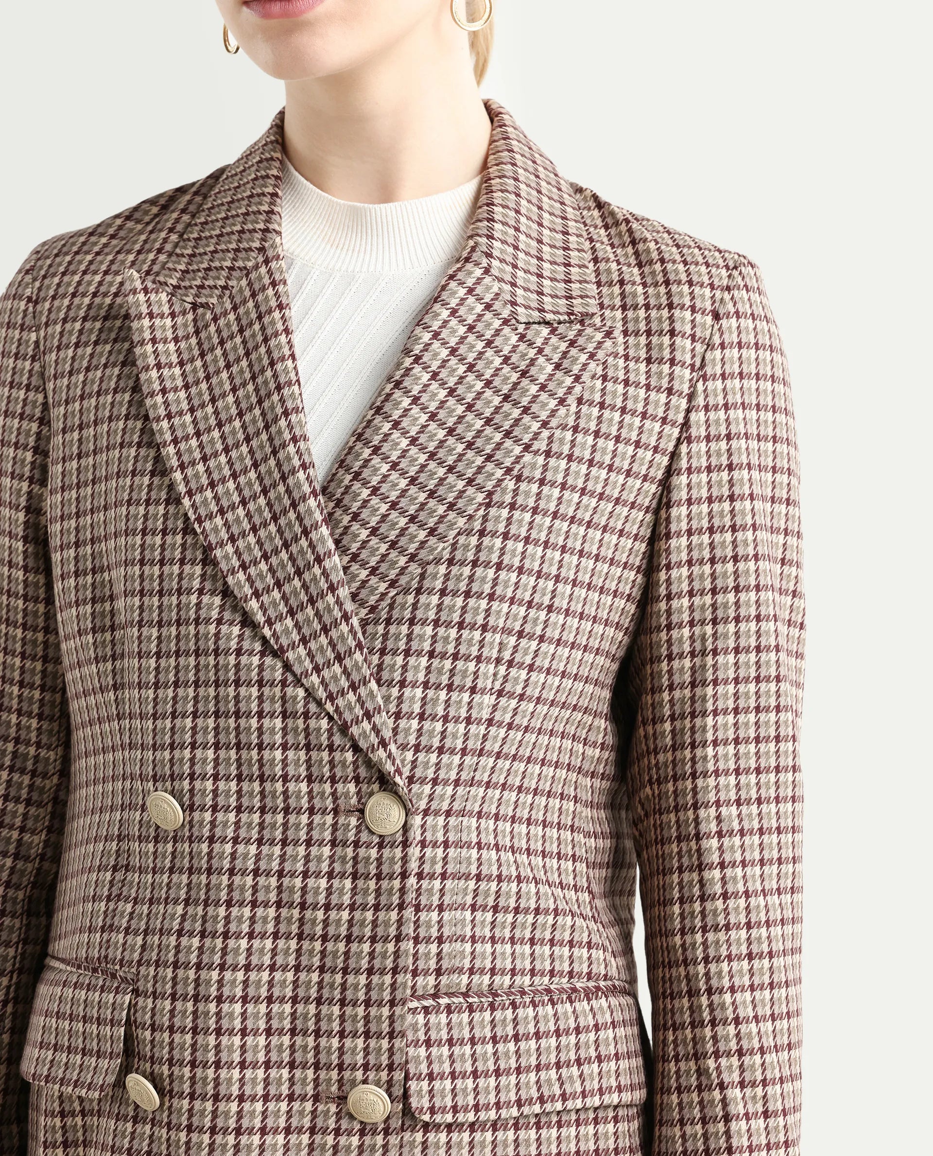 Rareism Women's Tanbi Brown Polyester Lapel Neck Jacquard Regular Fit Blazer