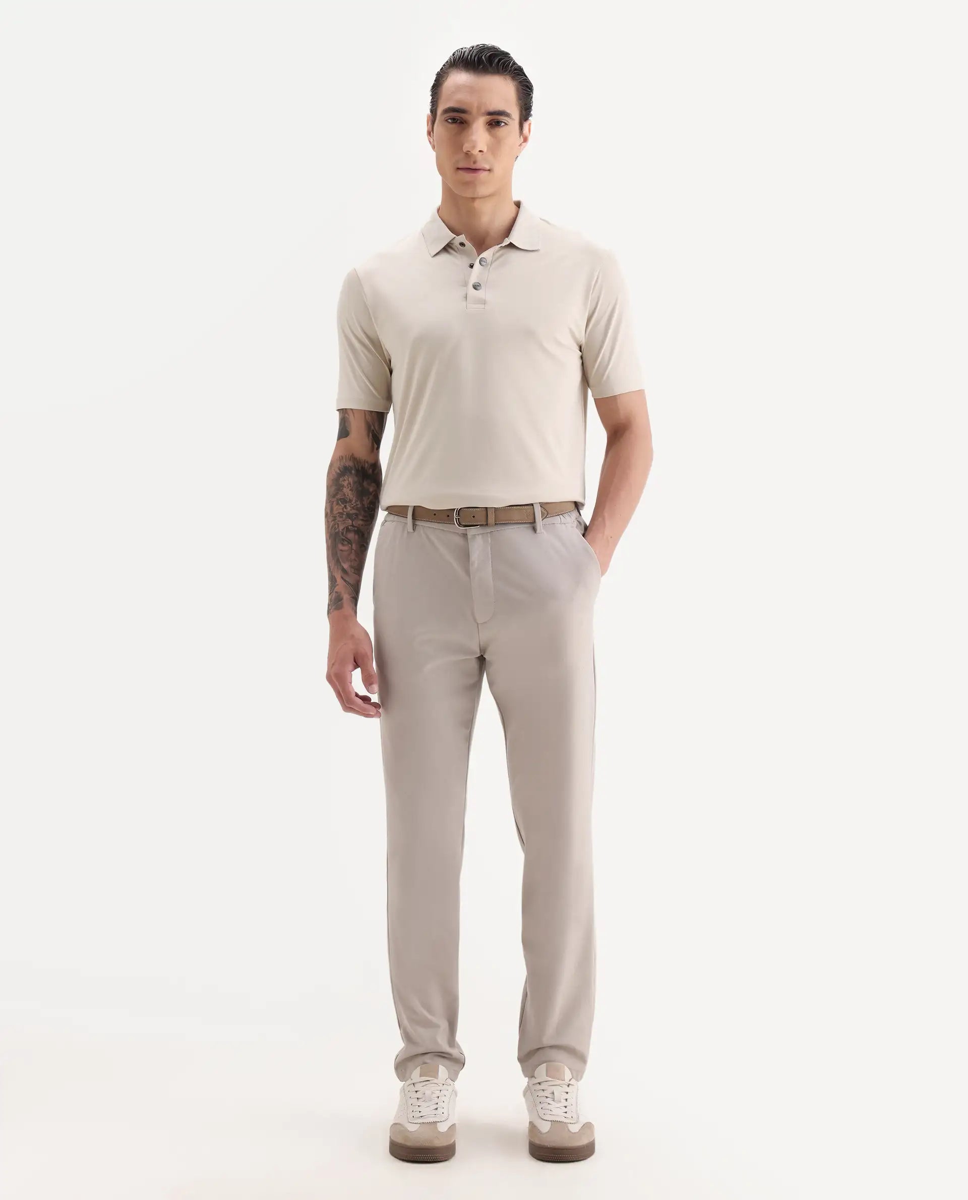 Rare Rabbit Men's Tang-1 Beige Cotton Plain Regular Fit Half Sleeve Polo