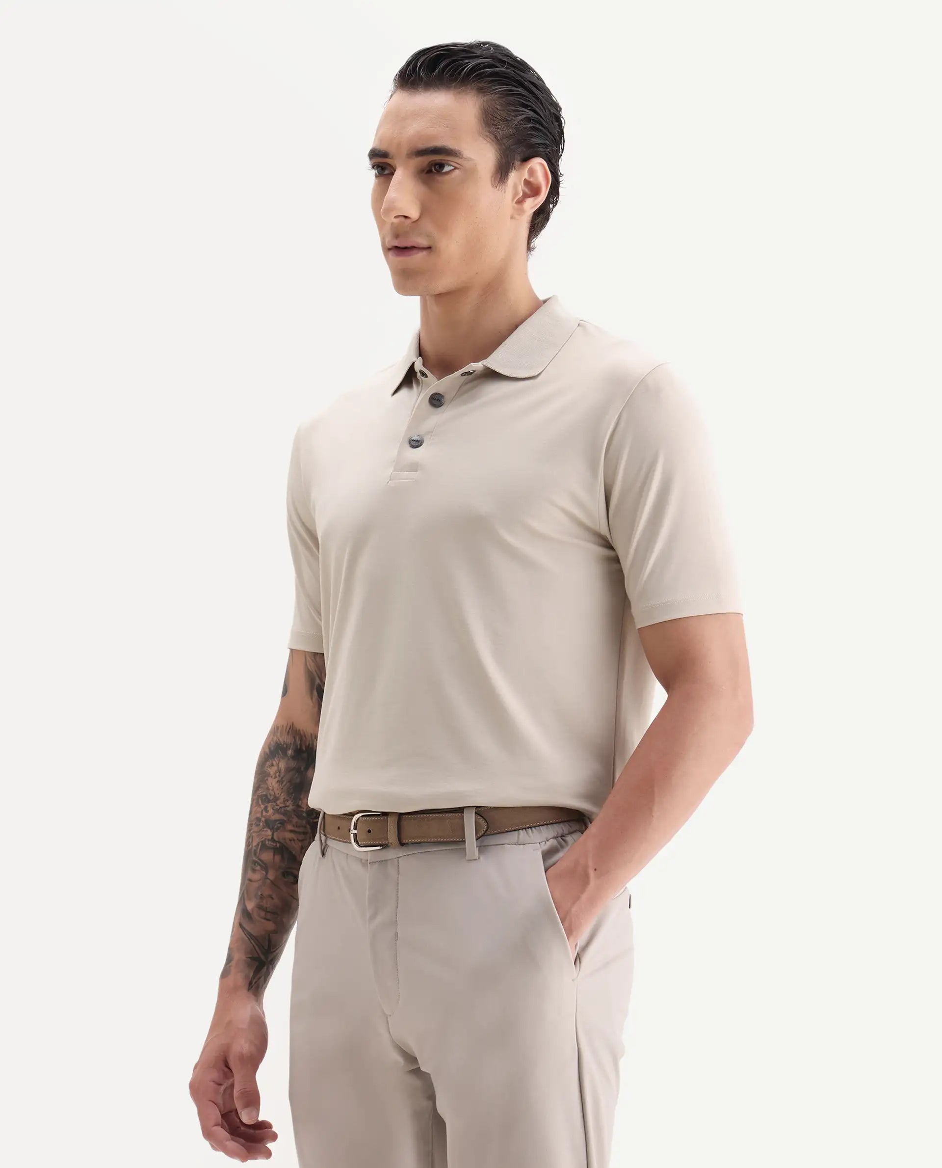 Rare Rabbit Men's Tang-1 Beige Cotton Plain Regular Fit Half Sleeve Polo