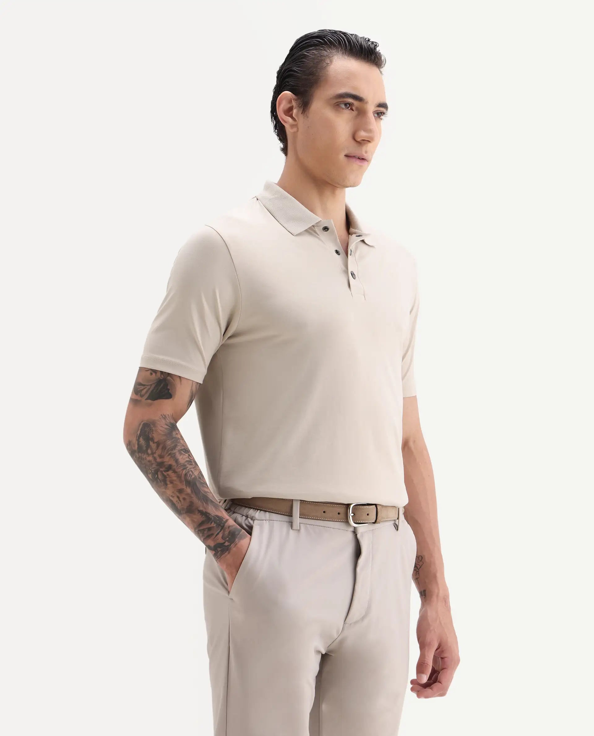 Rare Rabbit Men's Tang-1 Beige Cotton Plain Regular Fit Half Sleeve Polo