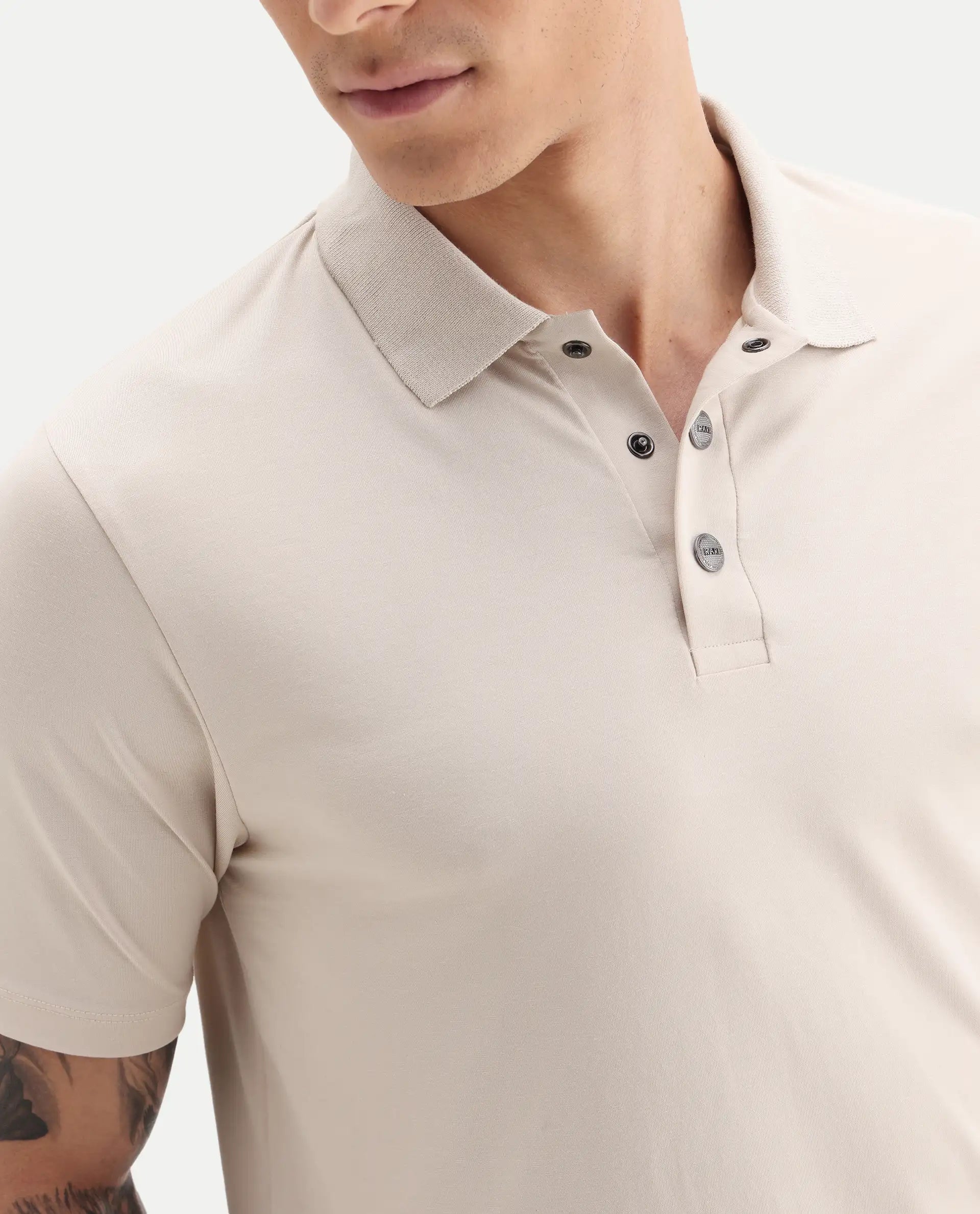 Rare Rabbit Men's Tang-1 Beige Cotton Plain Regular Fit Half Sleeve Polo