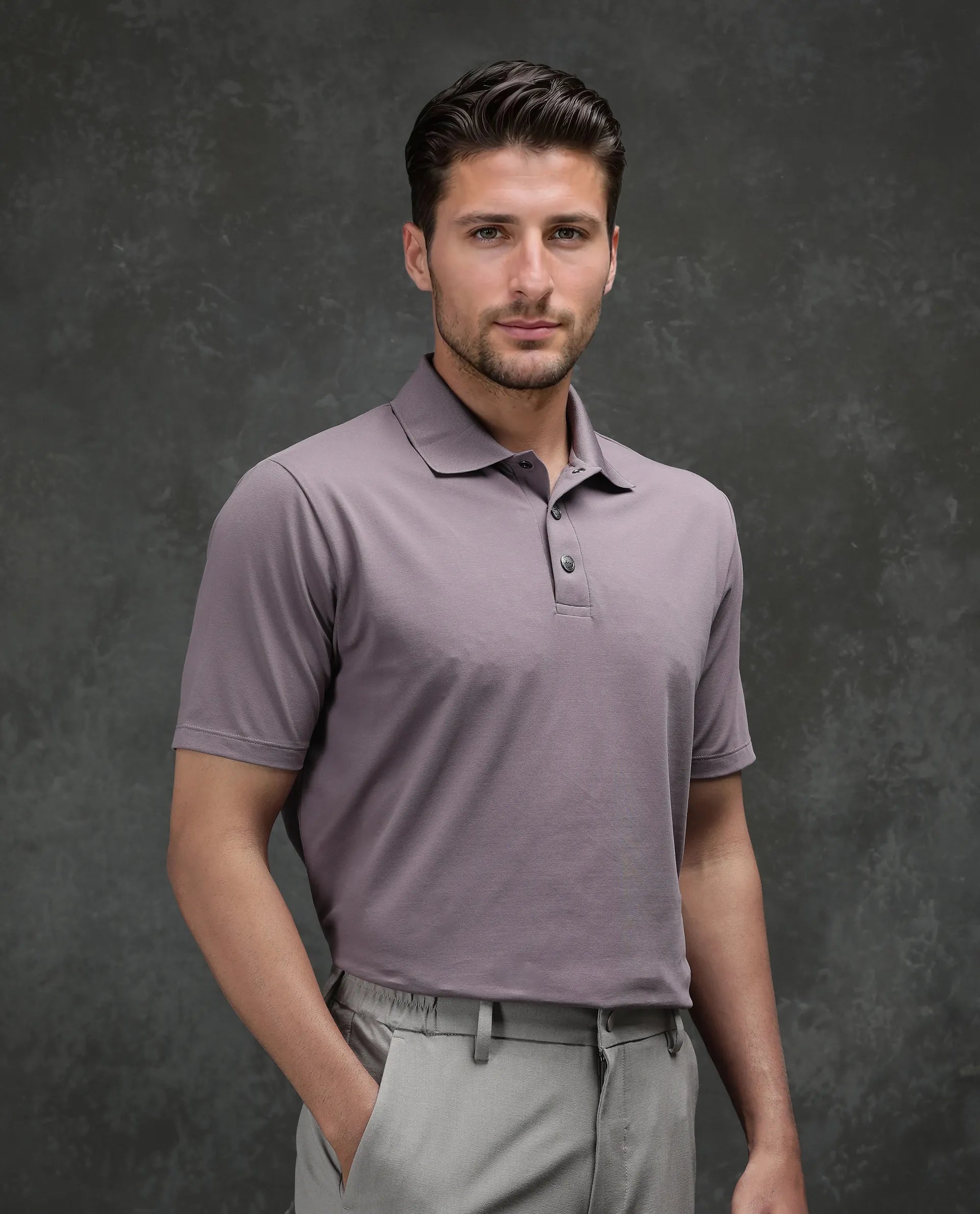 Rare Rabbit Men's Tang-25 Dusky Pink Cotton Blend Fabric Half Sleeve Spread Collar Regular Fit Plain Polo