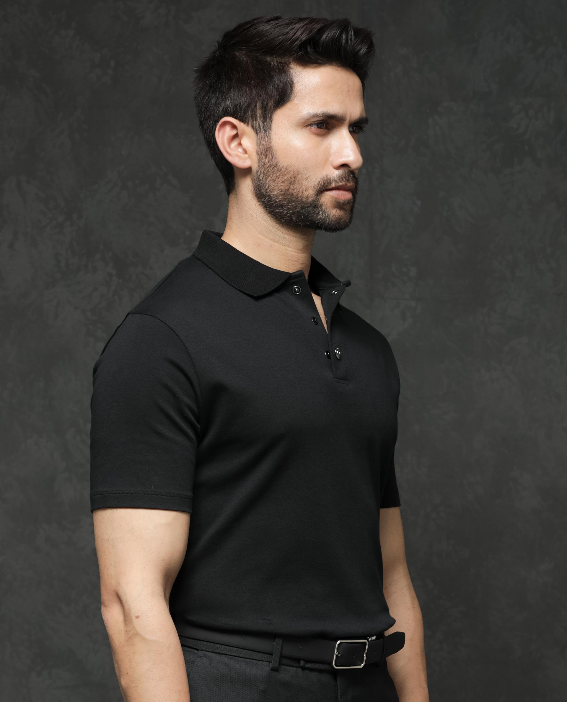 Rare Rabbit Mens Tang Black Short Sleeve Regular Collar Button Closure Plain Polo