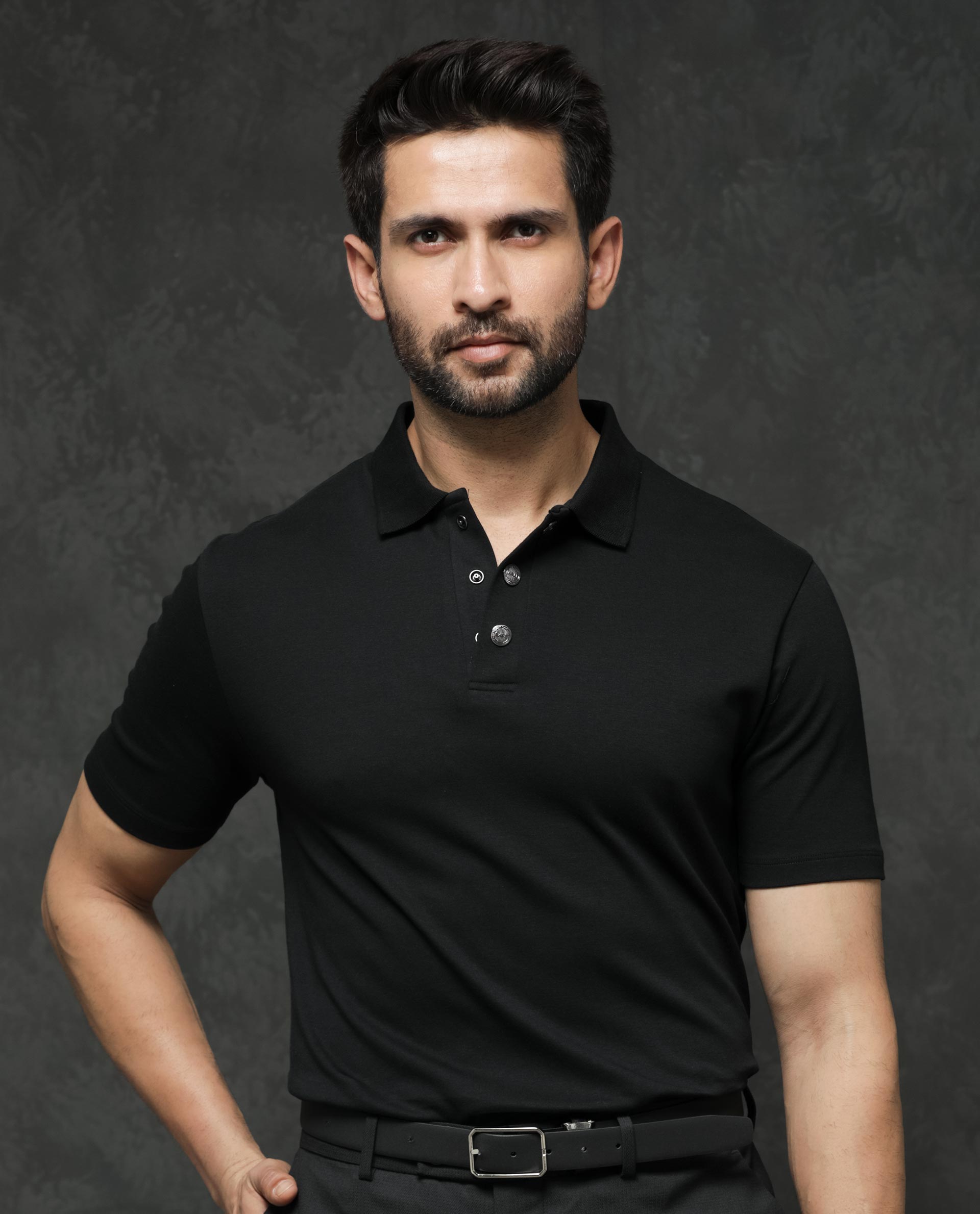 Rare Rabbit Mens Tang Black Short Sleeve Regular Collar Button Closure Plain Polo