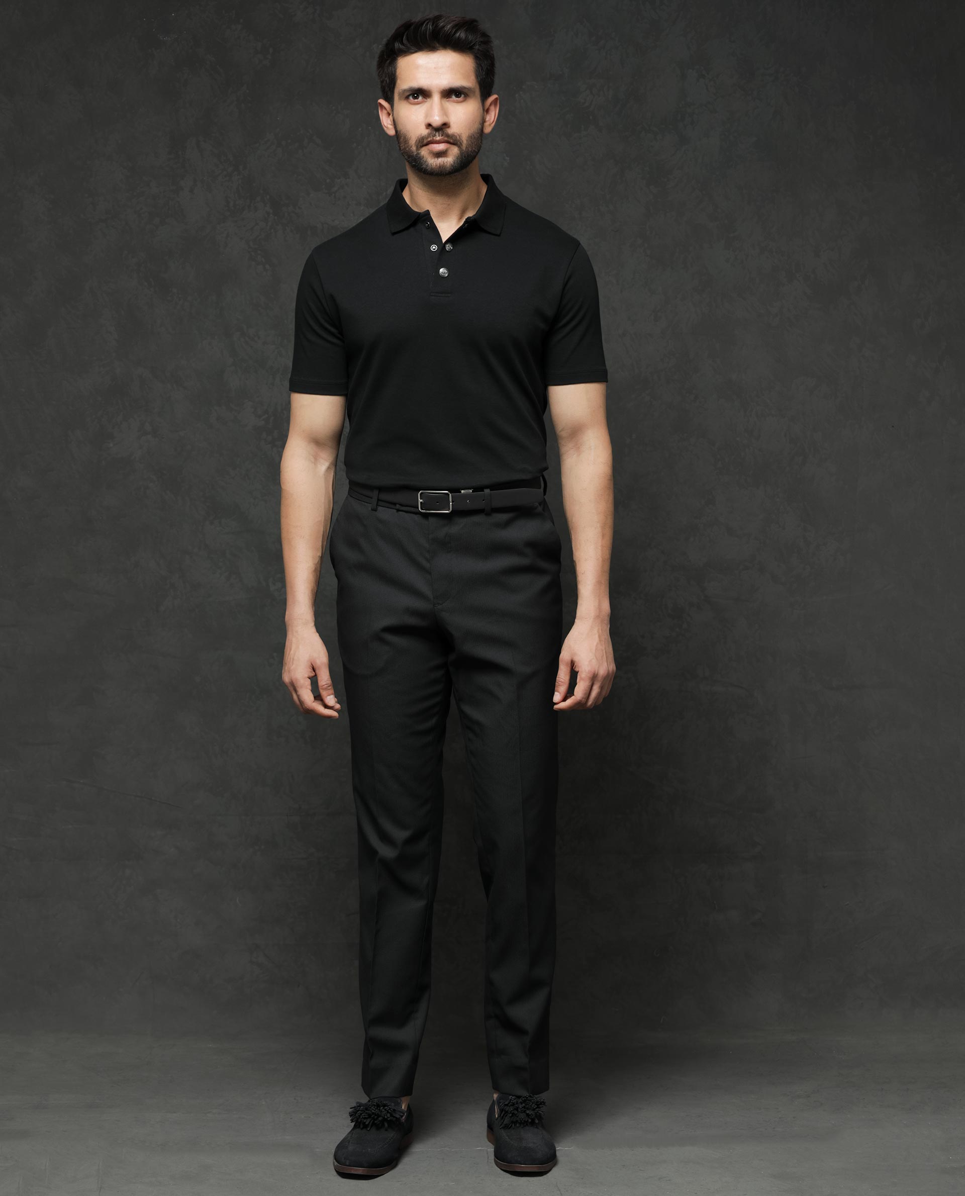 Rare Rabbit Mens Tang Black Short Sleeve Regular Collar Button Closure Plain Polo