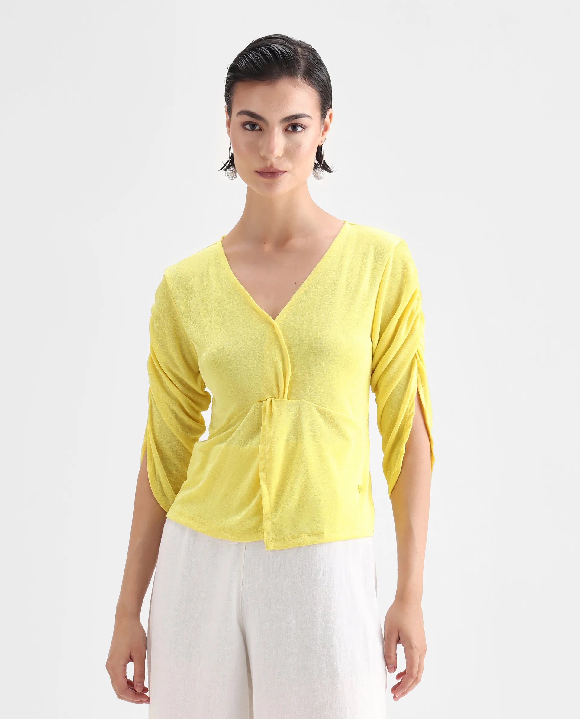 Rareism Women's Tangiren Yellow Polyester V-Neck Plain Gathered Sleeve Regular Fit Top