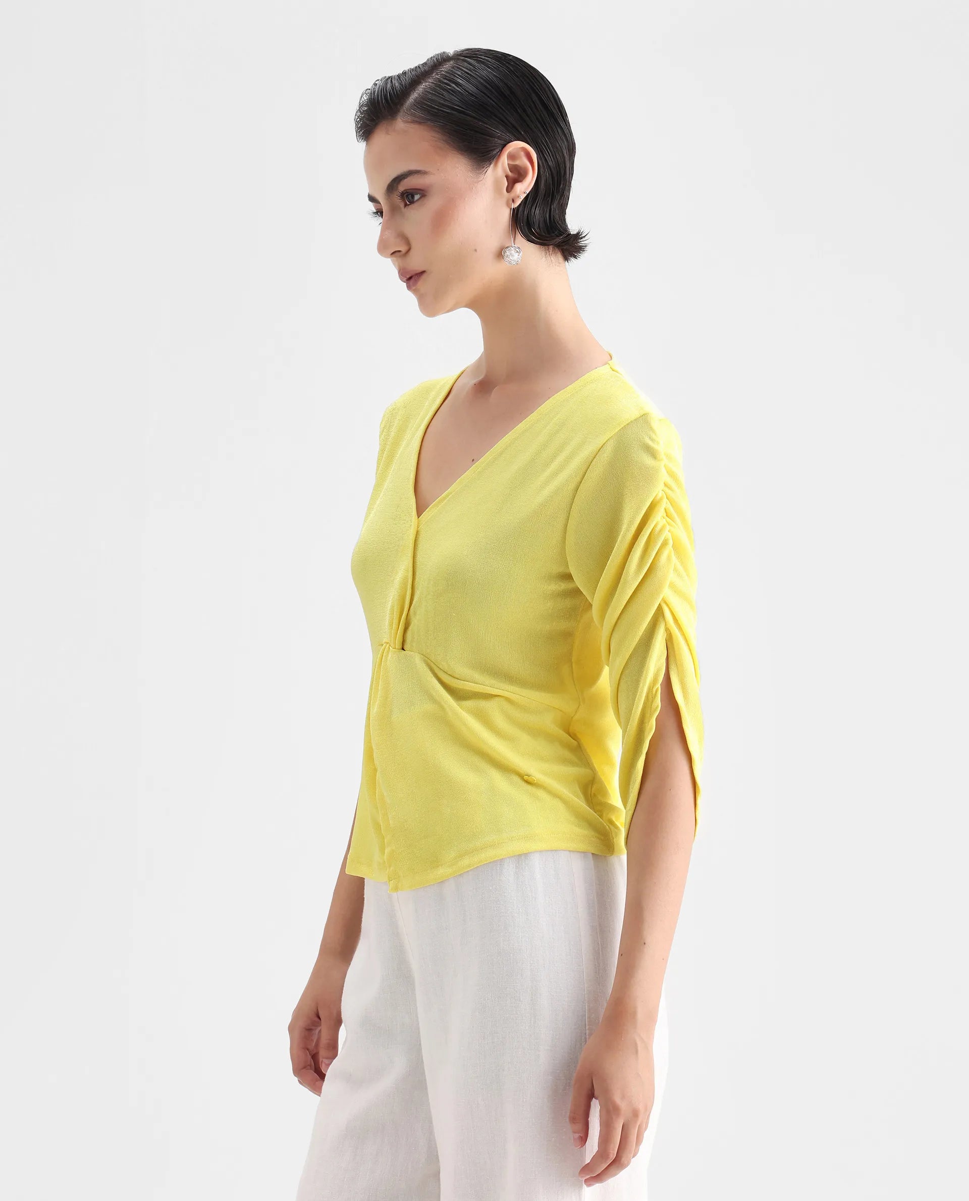 Rareism Women's Tangiren Yellow Polyester V-Neck Plain Gathered Sleeve Regular Fit Top