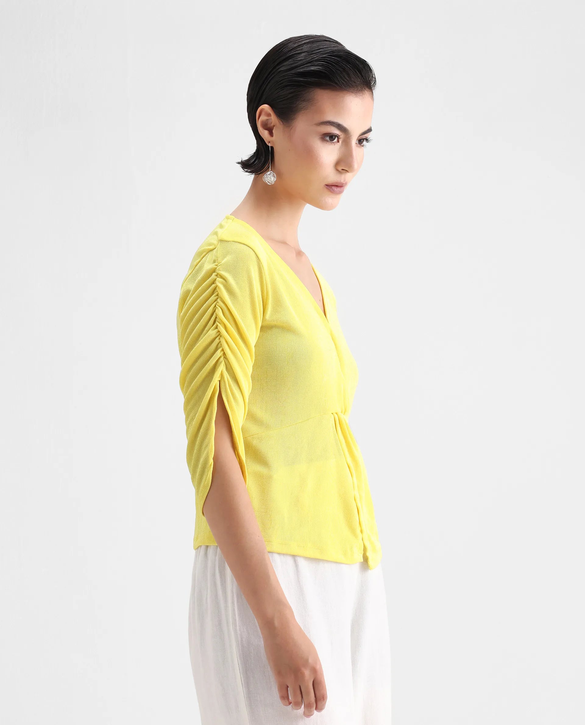 Rareism Women's Tangiren Yellow Polyester V-Neck Plain Gathered Sleeve Regular Fit Top