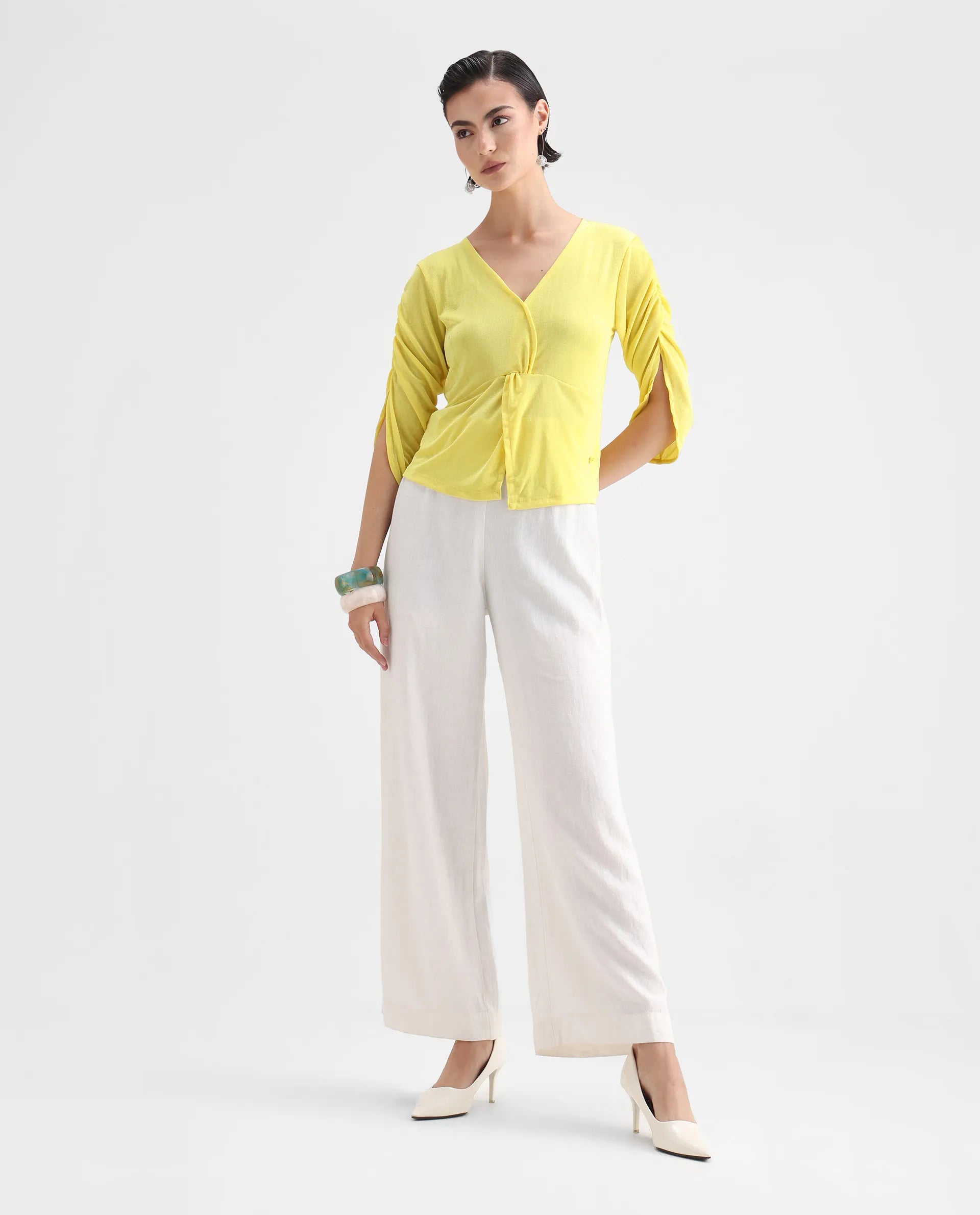 Rareism Women's Tangiren Yellow Polyester V-Neck Plain Gathered Sleeve Regular Fit Top