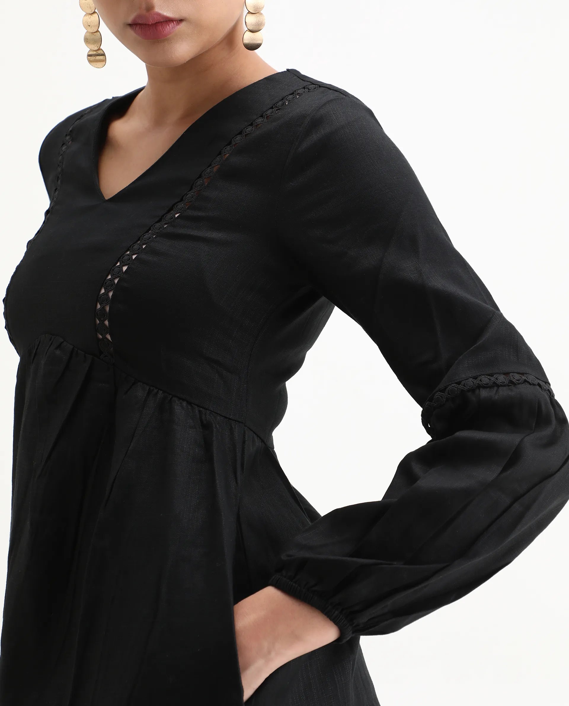 Rareism Women's Tanner Black Cotton Blend V-Neck Plain Puff Sleeves Mini Regular Fit Dress