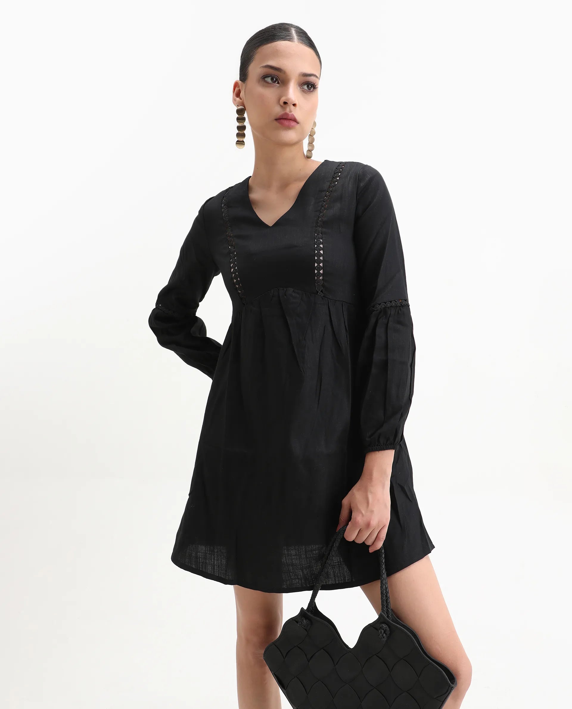 Rareism Women's Tanner Black Cotton Blend V-Neck Plain Puff Sleeves Mini Regular Fit Dress