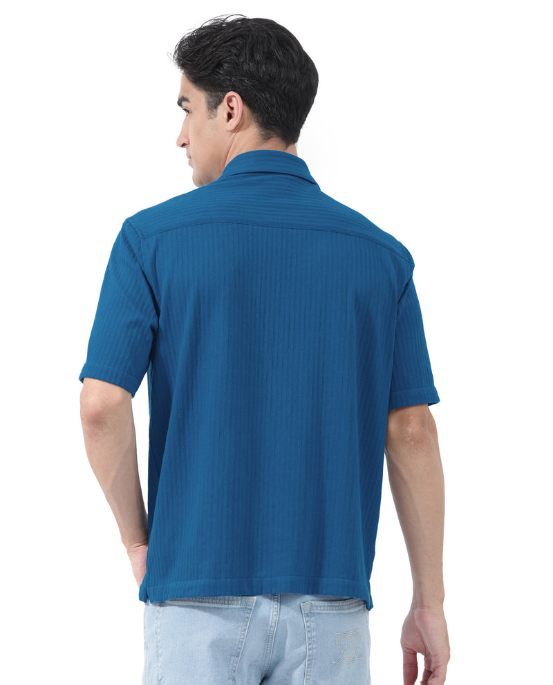 Rare Rabbit Men's Tano Blue Cotton Polyester Fabric Half Sleeves Boxy Fit Self Stripe Textured Knit Shirt
