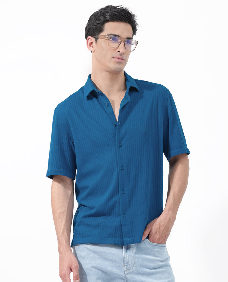 Rare Rabbit Men's Tano Blue Cotton Polyester Fabric Half Sleeves Boxy Fit Self Stripe Textured Knit Shirt