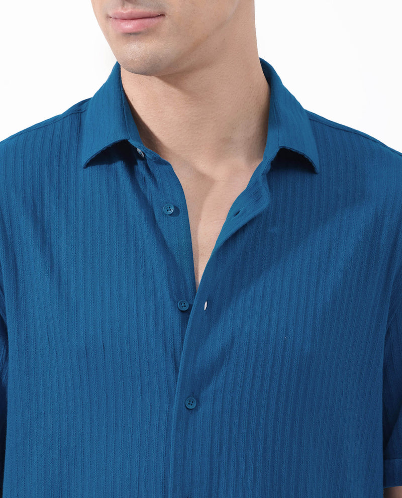 Rare Rabbit Men's Tano Blue Cotton Polyester Fabric Half Sleeves Self Stripe Textured Knit Shirt