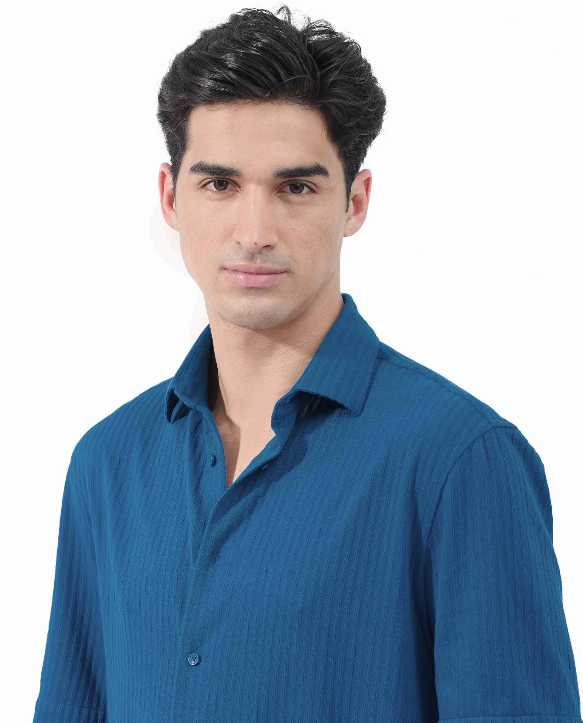 Rare Rabbit Men's Tano Blue Cotton Polyester Fabric Half Sleeves Boxy Fit Self Stripe Textured Knit Shirt