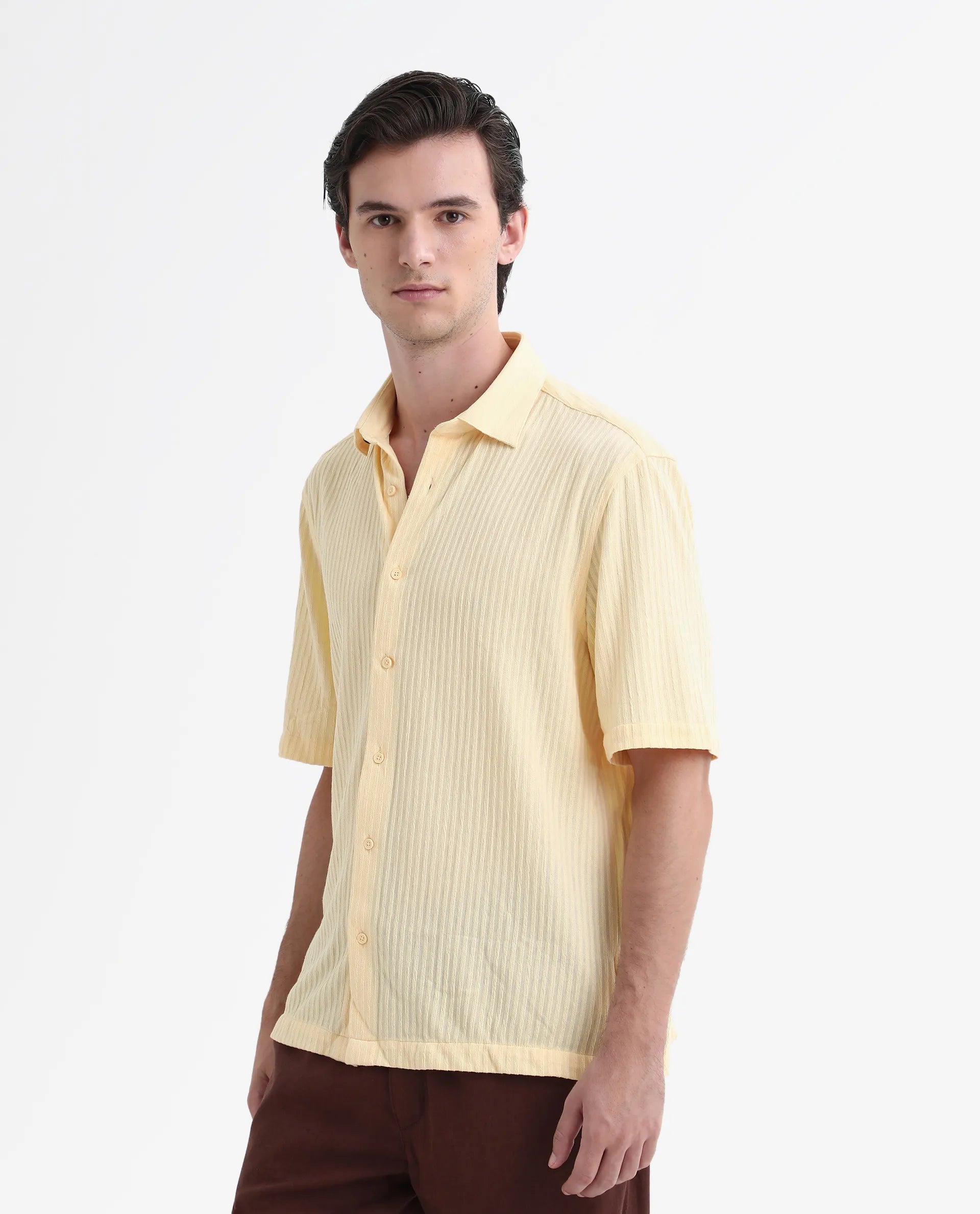 Rare Rabbit Men's Tano Yellow Cotton Blend Textured Boxy Fit Half Sleeve Collared Shirt