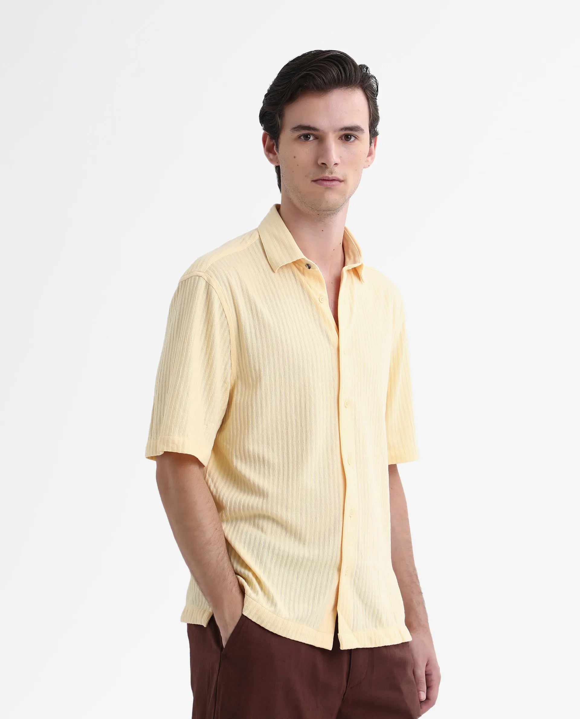 Rare Rabbit Men's Tano Yellow Cotton Blend Textured Boxy Fit Half Sleeve Collared Shirt