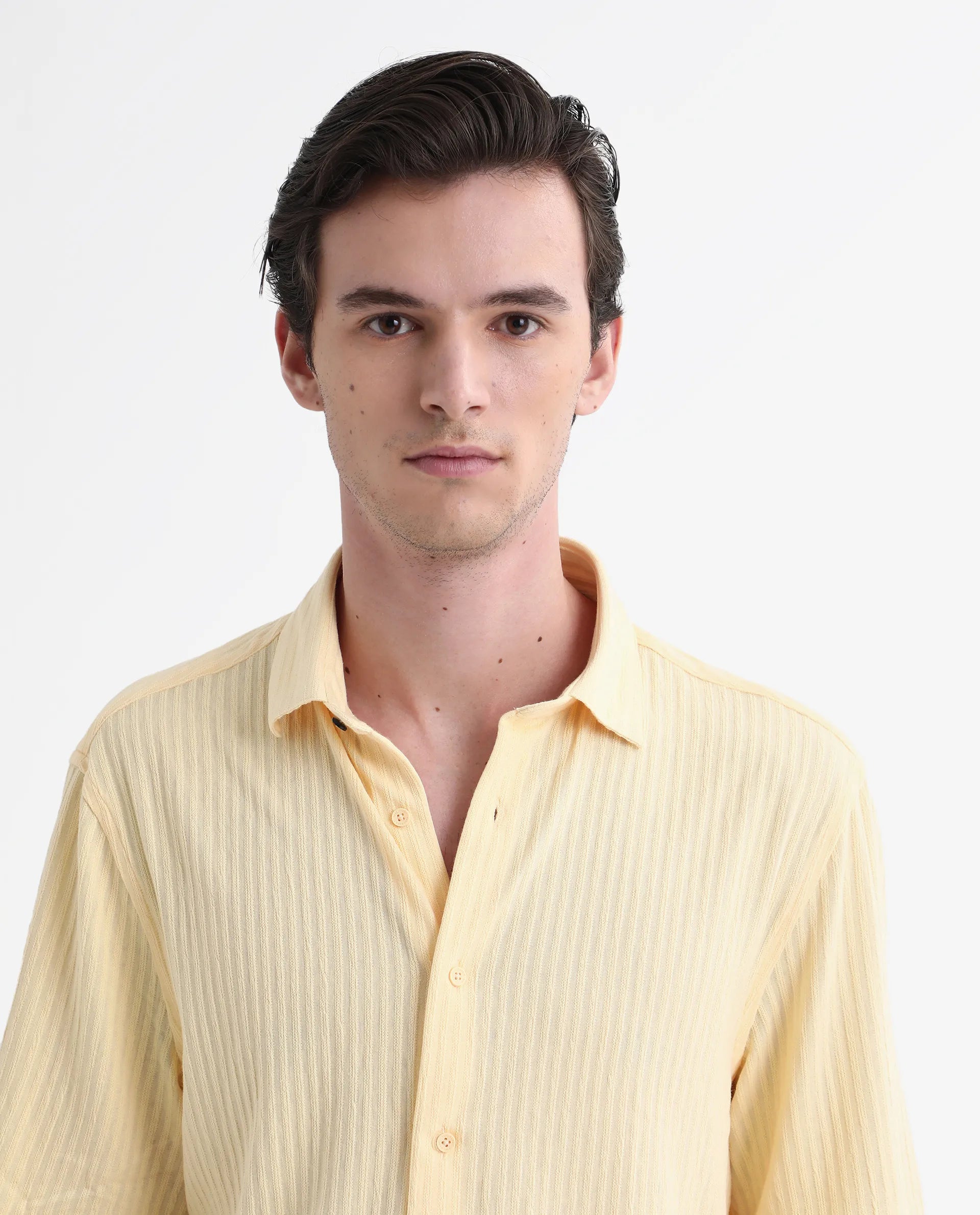 Rare Rabbit Men's Tano Yellow Cotton Blend Textured Boxy Fit Half Sleeve Collared Shirt