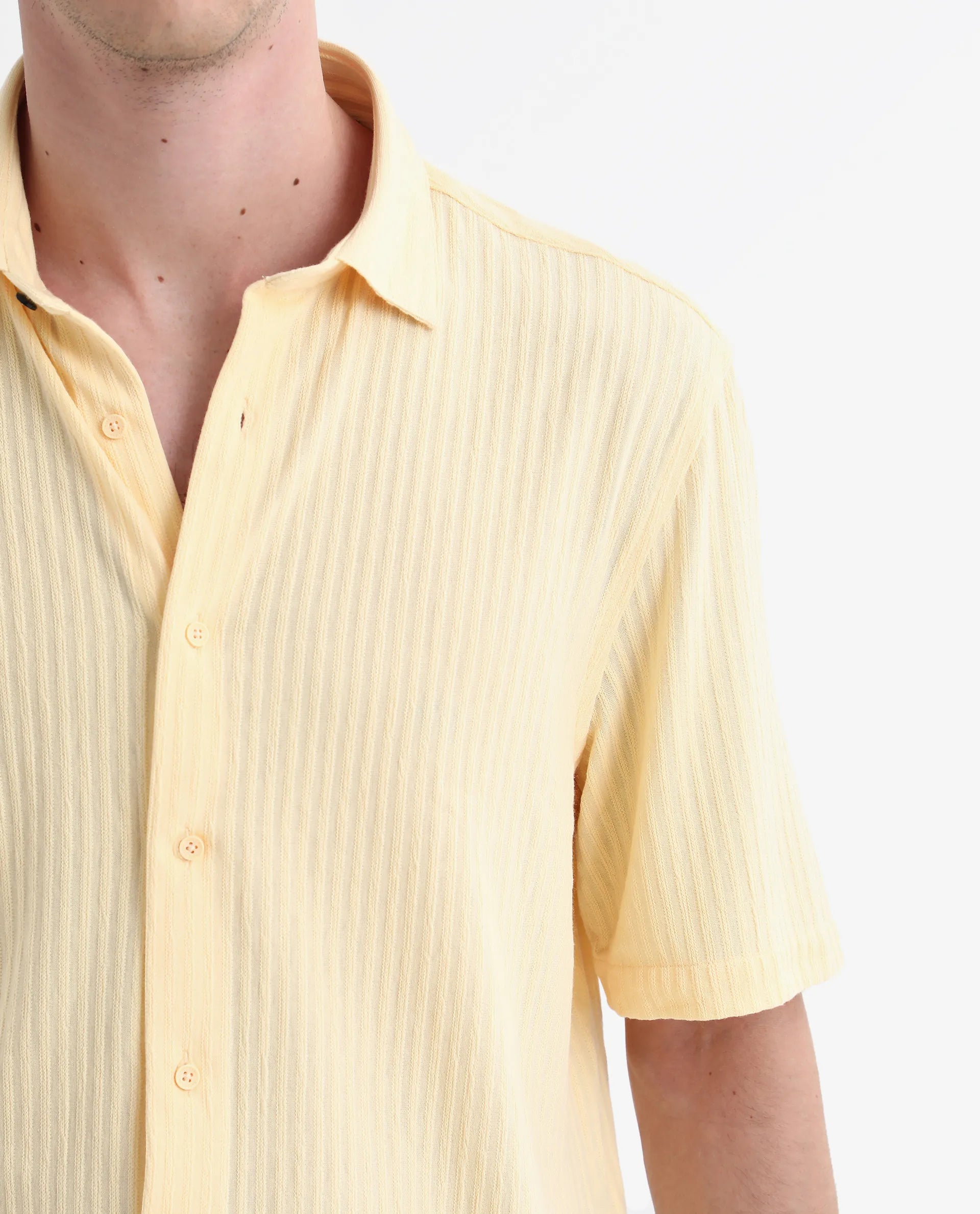 Rare Rabbit Men's Tano Yellow Cotton Blend Textured Boxy Fit Half Sleeve Collared Shirt