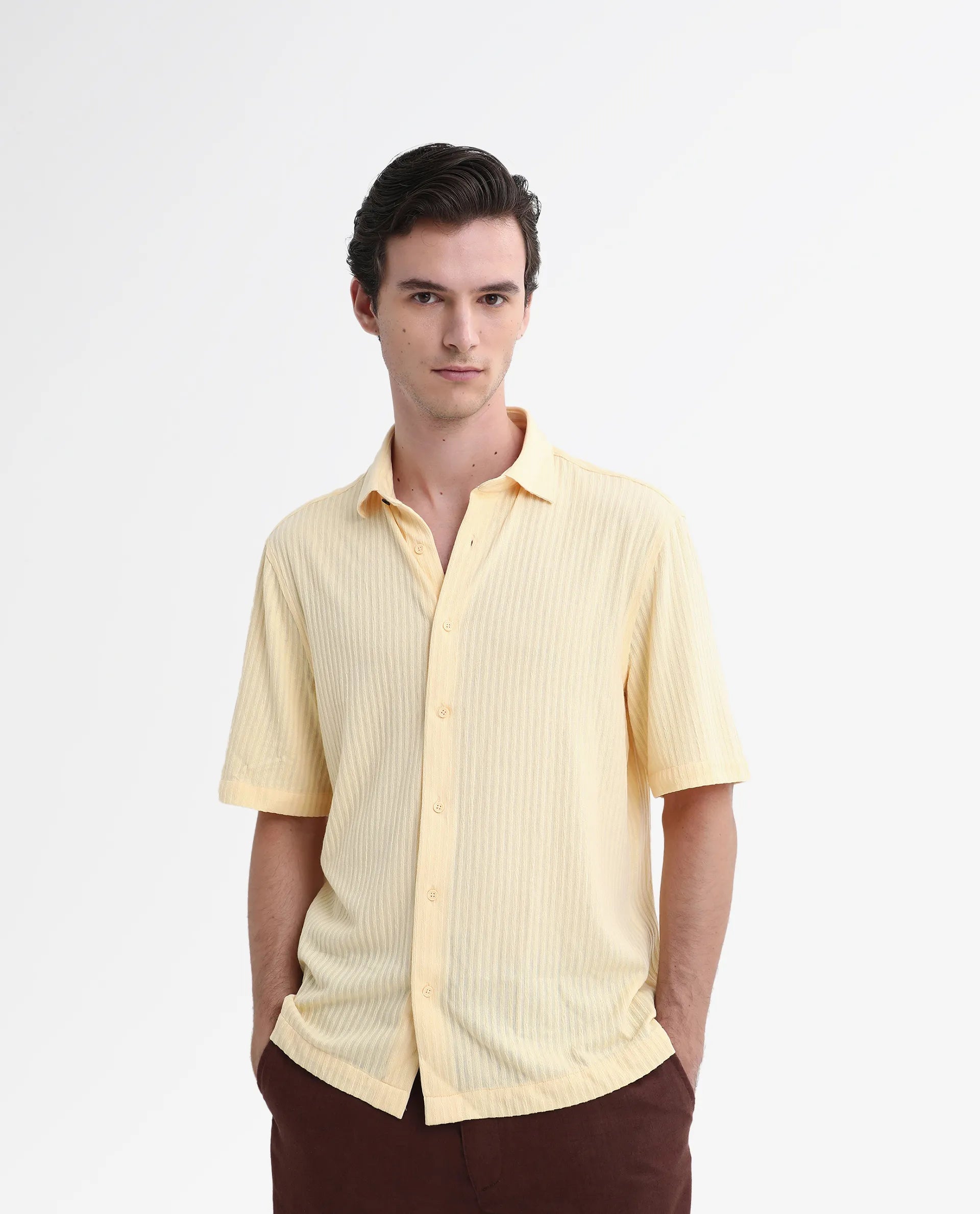 Rare Rabbit Men's Tano Yellow Cotton Blend Textured Boxy Fit Half Sleeve Collared Shirt