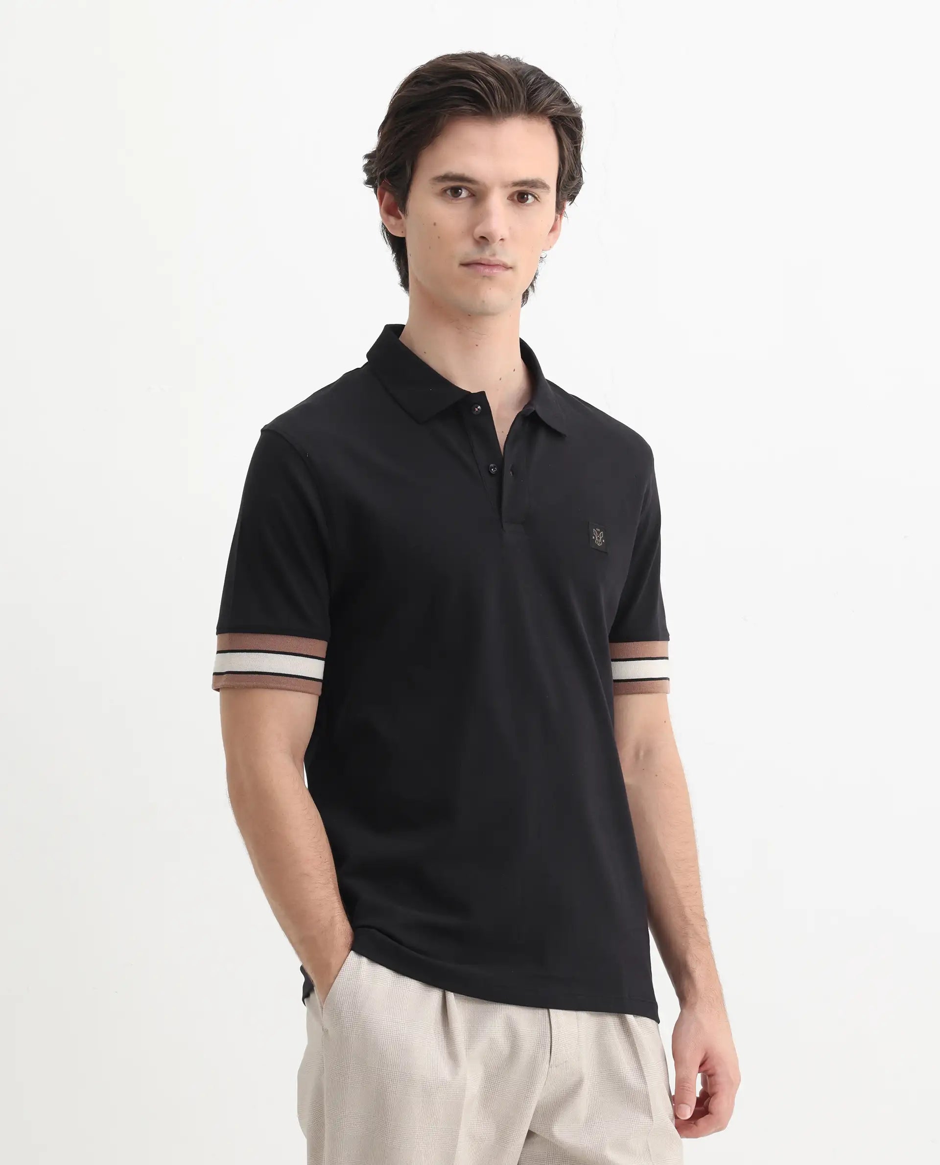 Rare Rabbit Men's Tao Black Cotton Plain Regular Fit Half Sleeve Polo